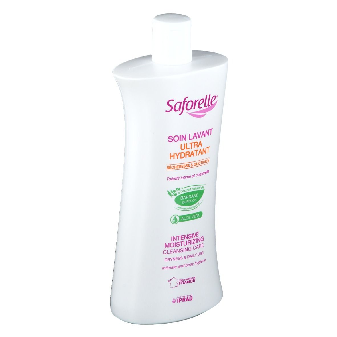 Weiße Flasche mit Saforelle-Etikett. Aufschrift: SOIN LAVANT ULTRA HYDRATANT. Mit Aloe Vera und Burdock-Logo.