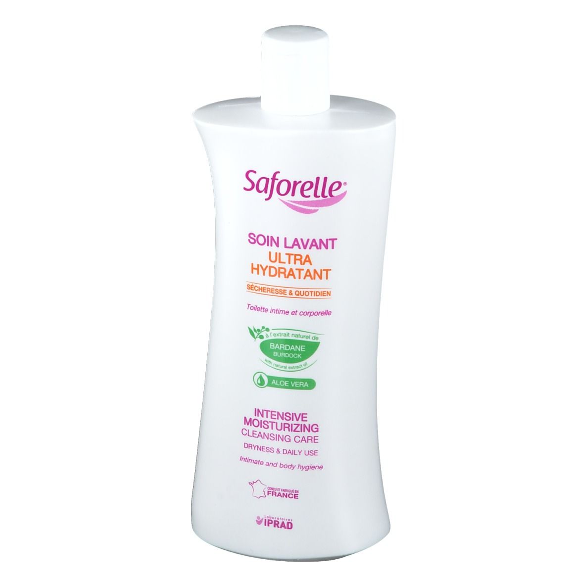 Weiße Flasche mit Saforelle-Etikett. Aufschrift: SOIN LAVANT ULTRA HYDRATANT. Mit Aloe Vera und Burdock-Logo.