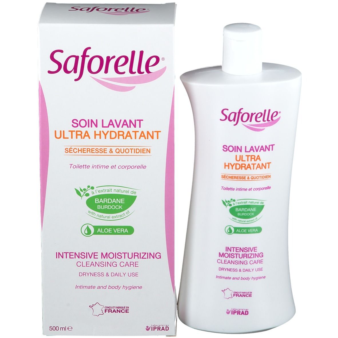 Saforelle-Verpackung und Flasche. Aufschrift: SOIN LAVANT ULTRA HYDRATANT. Mit Aloe Vera und Burdock-Logo.