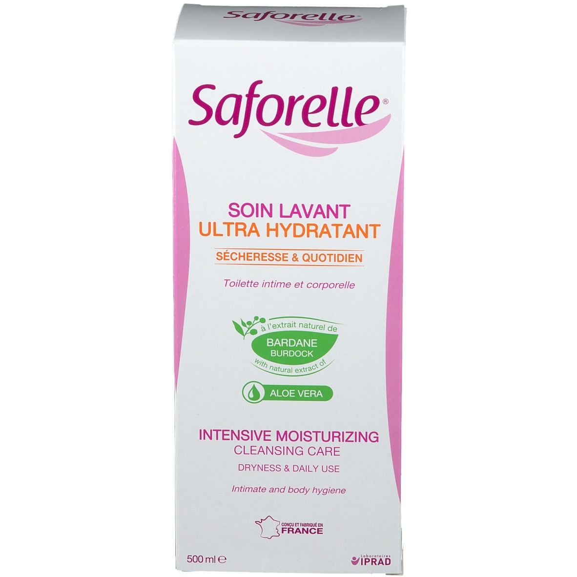 Saforelle-Verpackung. Aufschrift: SOIN LAVANT ULTRA HYDRATANT. Mit Aloe Vera und Burdock-Logo. 500ml.