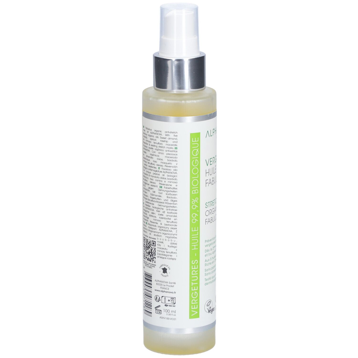 Alphanova-Ölflasche. Rückseite mit Text und QR-Code. Aufschrift: Huile 99,9% biologique. Vegan-Siegel.