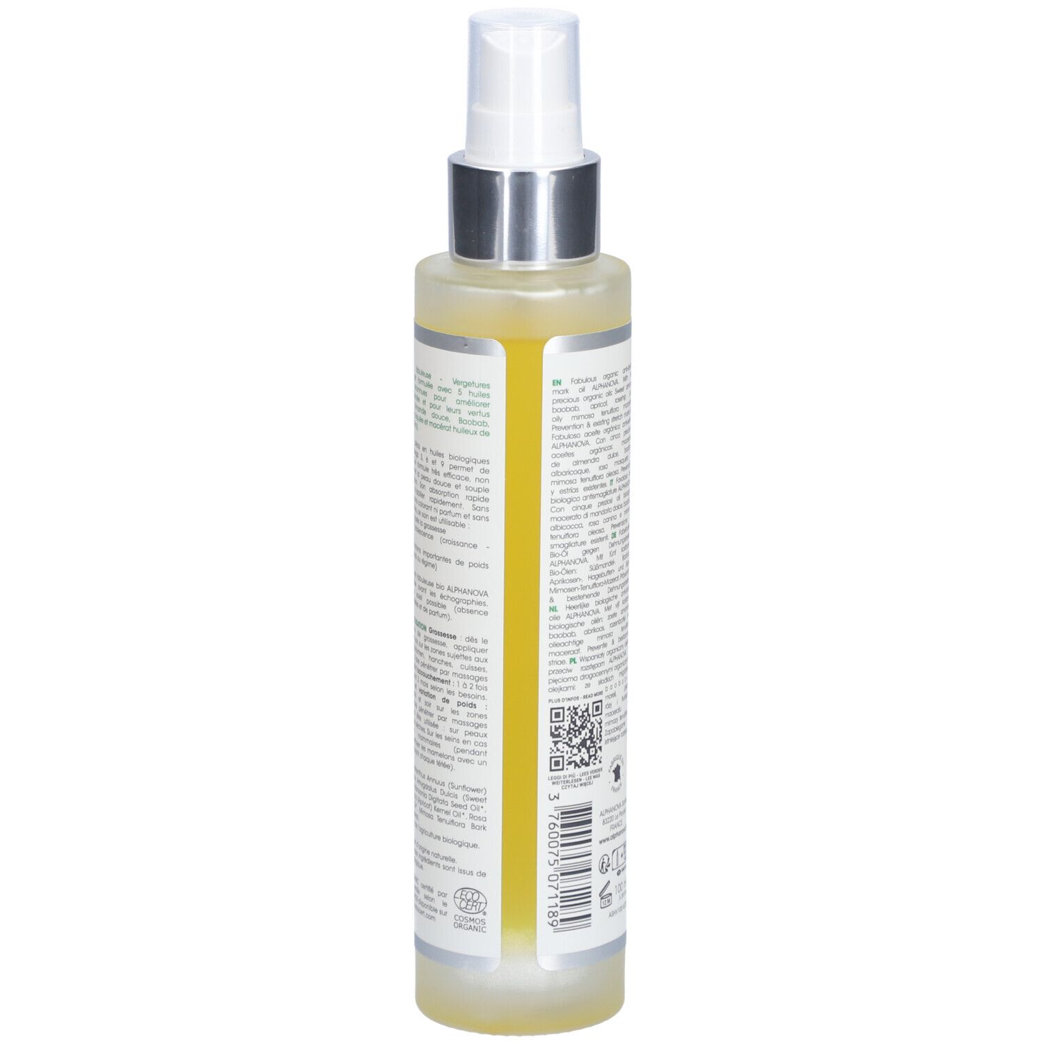 Alphanova-Ölflasche. Rückansicht mit Text. Aufschrift: Huile 99,9% biologique. Vegan-Siegel.