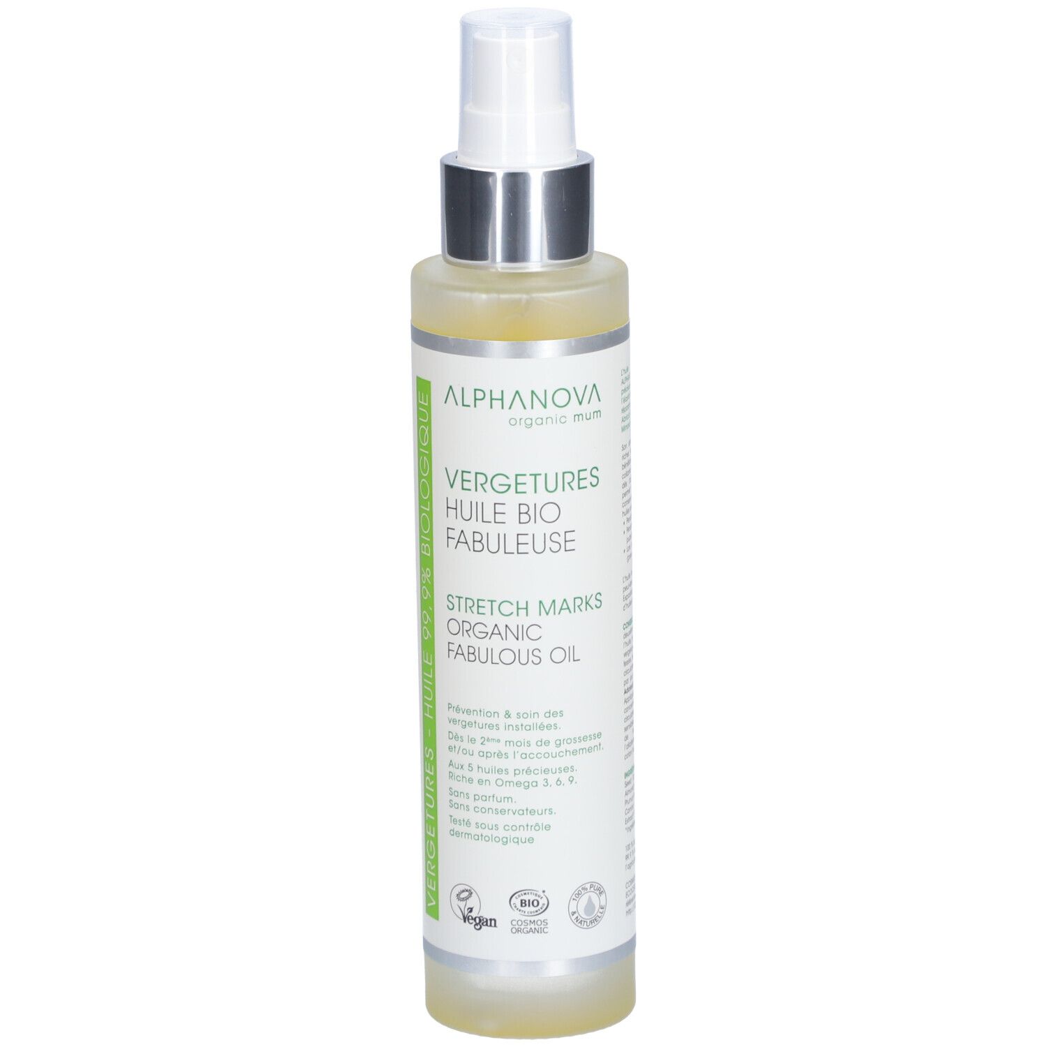 Alphanova-Ölflasche. Aufschrift: Huile Bio Fabuleuse. Mit Sprühkopf. Vegan-Siegel.