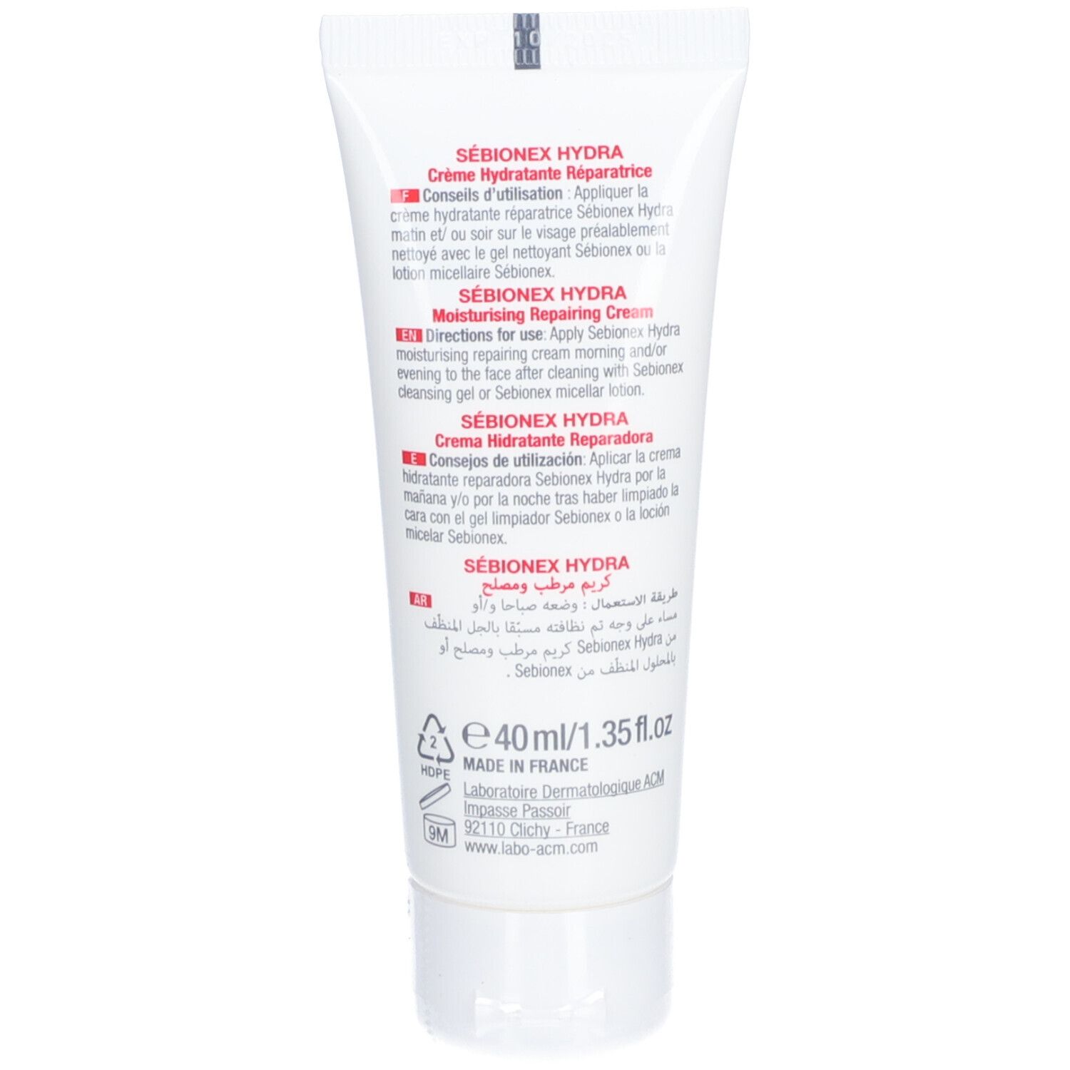 Rückseite der Tube. Text in mehreren Sprachen. 40ml. Herstellerinformationen.