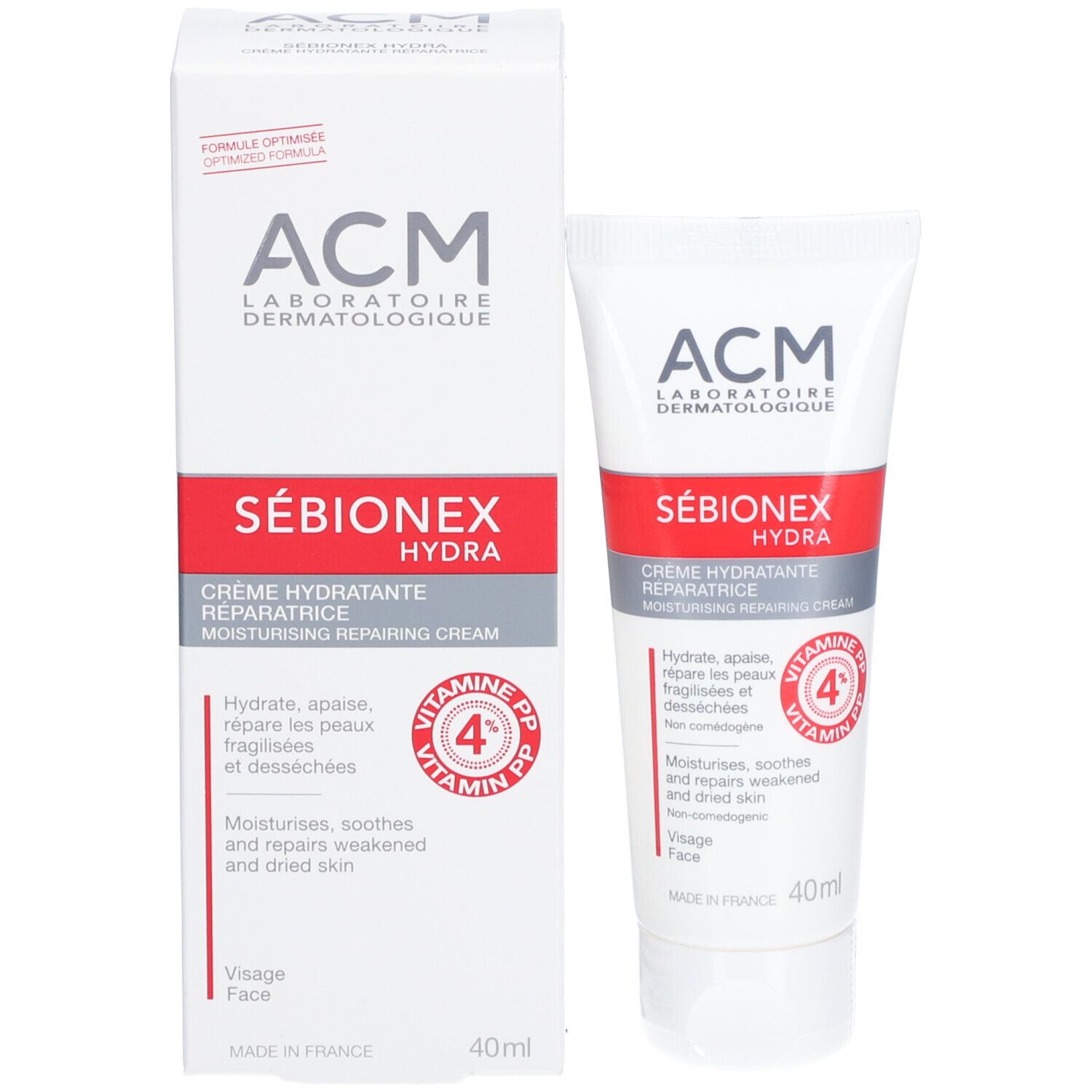 Produktverpackung und Tube. Verpackung: weiß mit rotem Streifen. Tube: weiß mit rotem Streifen. Aufschrift: ACM, Sébionex Hydra.