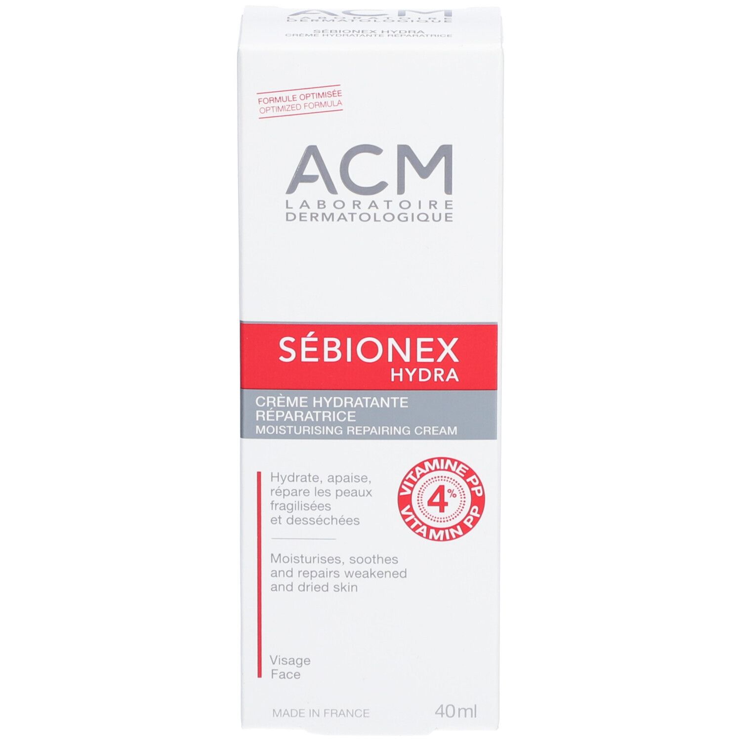 Produktverpackung. Weiß mit rotem Streifen. Aufschrift: ACM, Sébionex Hydra, Crème hydratante réparatrice. 40ml.