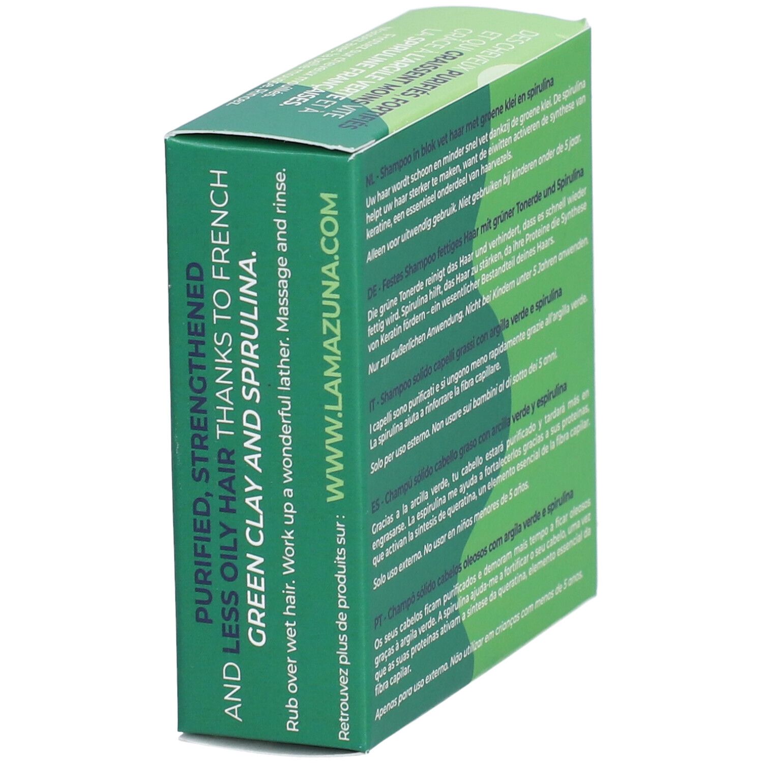 Boîte verte. Inscription: Purified, strengthened and less oily hair. Argile verte et spiruline. www.lamazuna.com