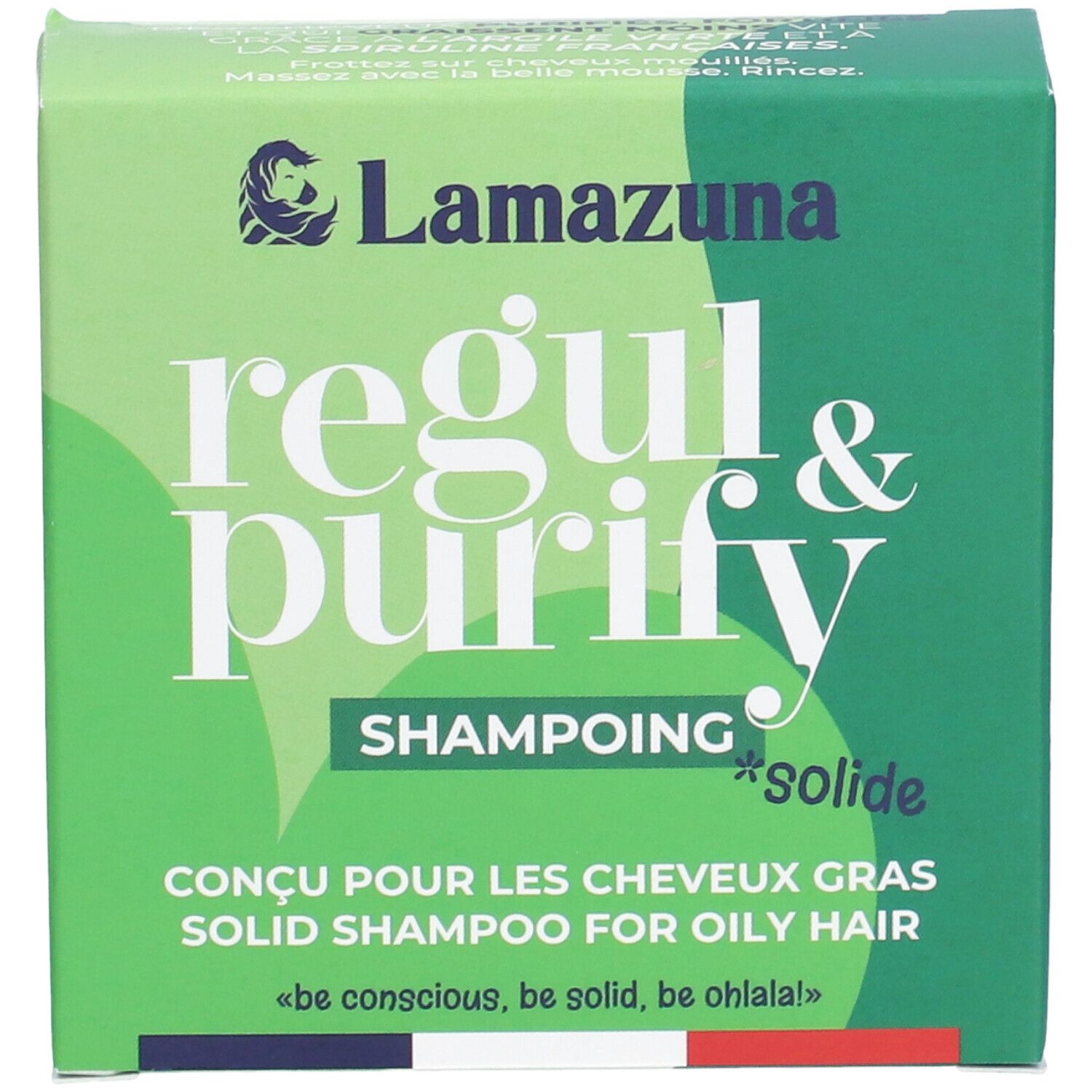 Boîte verte. Inscription: Lamazuna, regul & purify, Shampoing solide. Pour cheveux gras. Drapeau français.