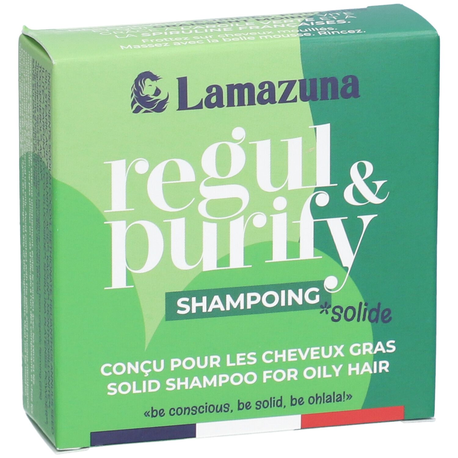 Boîte verte. Inscription: Lamazuna, regul & purify, Shampoing solide. Pour cheveux gras. Drapeau français.