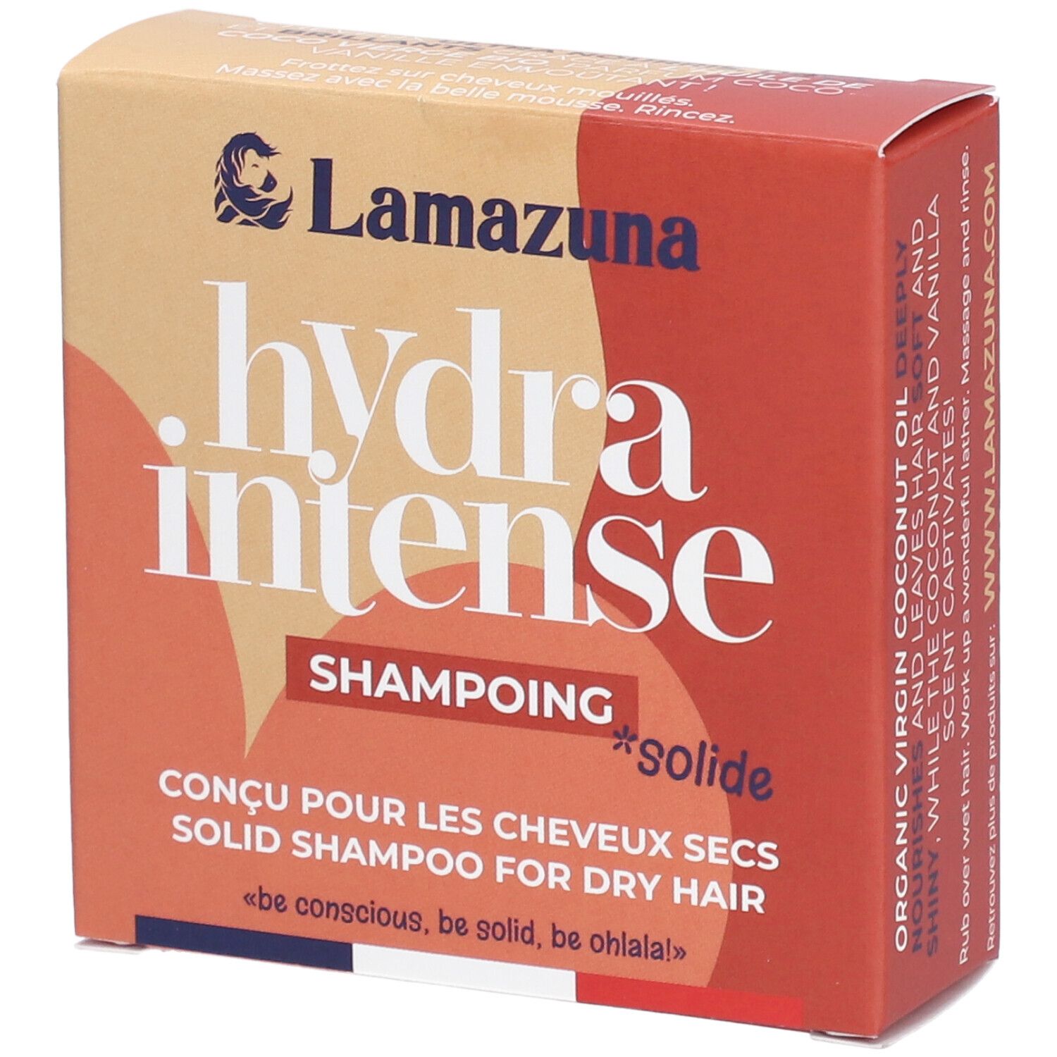 Boîte "Lamazuna" "hydra intense" Shampoing solide pour cheveux secs. Drapeau français en bas.