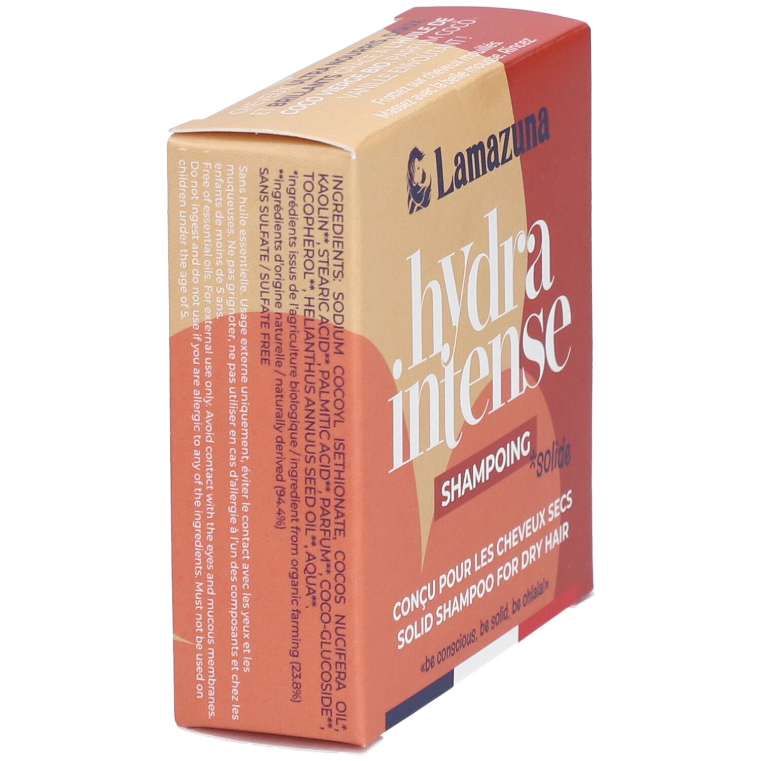 Boîte avec ingrédients et "hydra intense". Shampoing solide pour cheveux secs. Vue latérale.
