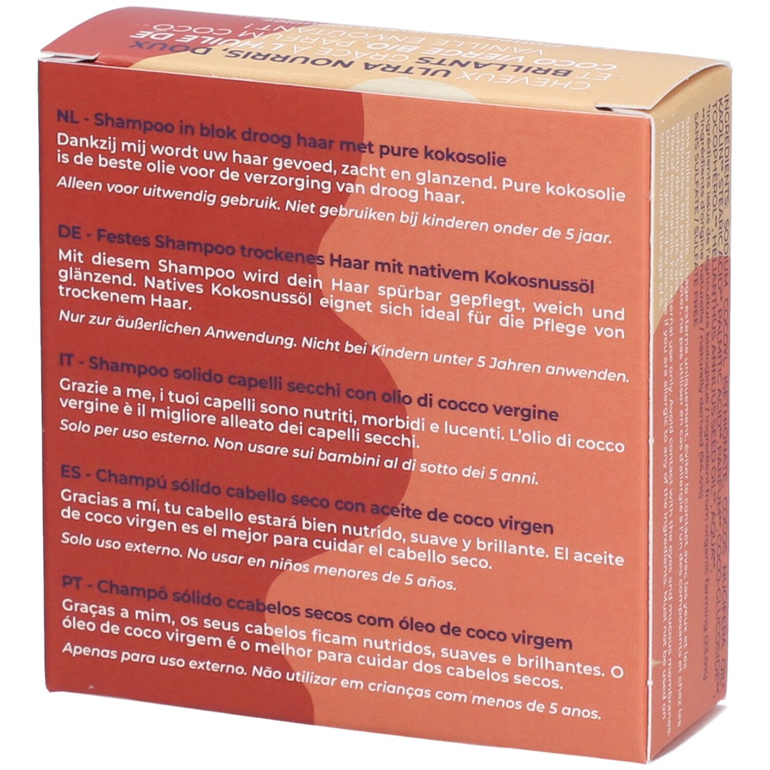 Dos de la boîte avec texte multilingue. Informations sur le produit et son utilisation.