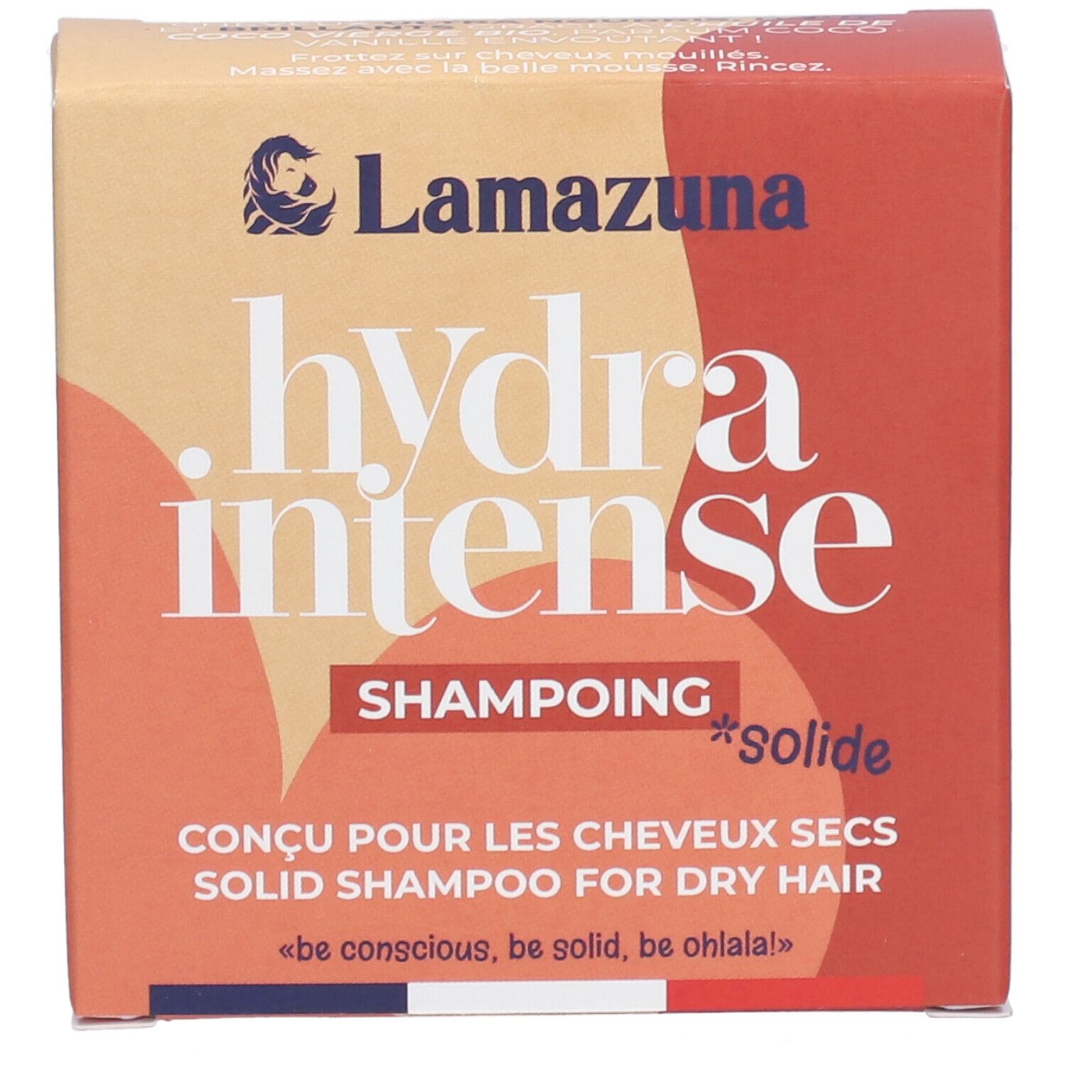 Boîte "Lamazuna" "hydra intense" Shampoing solide pour cheveux secs. Drapeau français en bas.