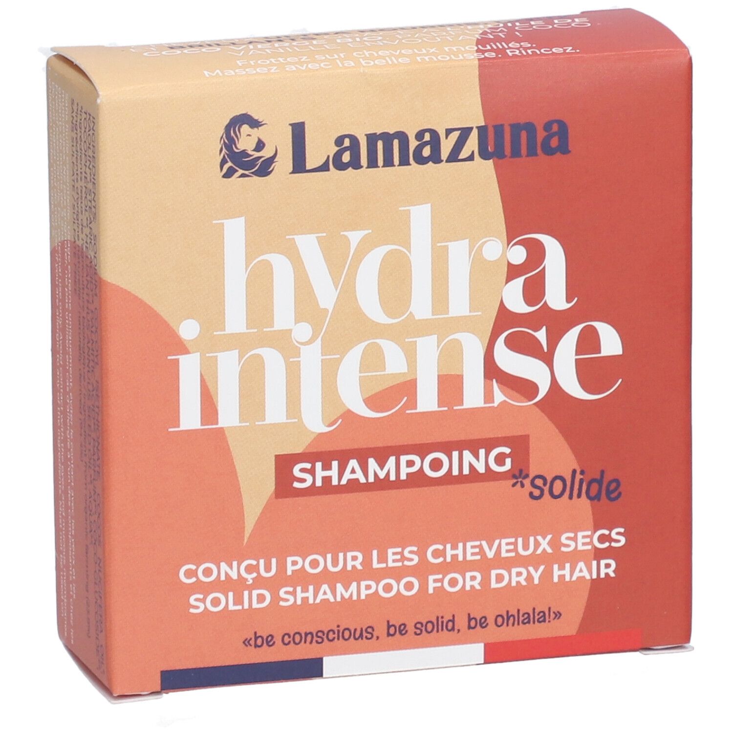 Boîte "Lamazuna" "hydra intense" Shampoing solide pour cheveux secs. Drapeau français en bas.