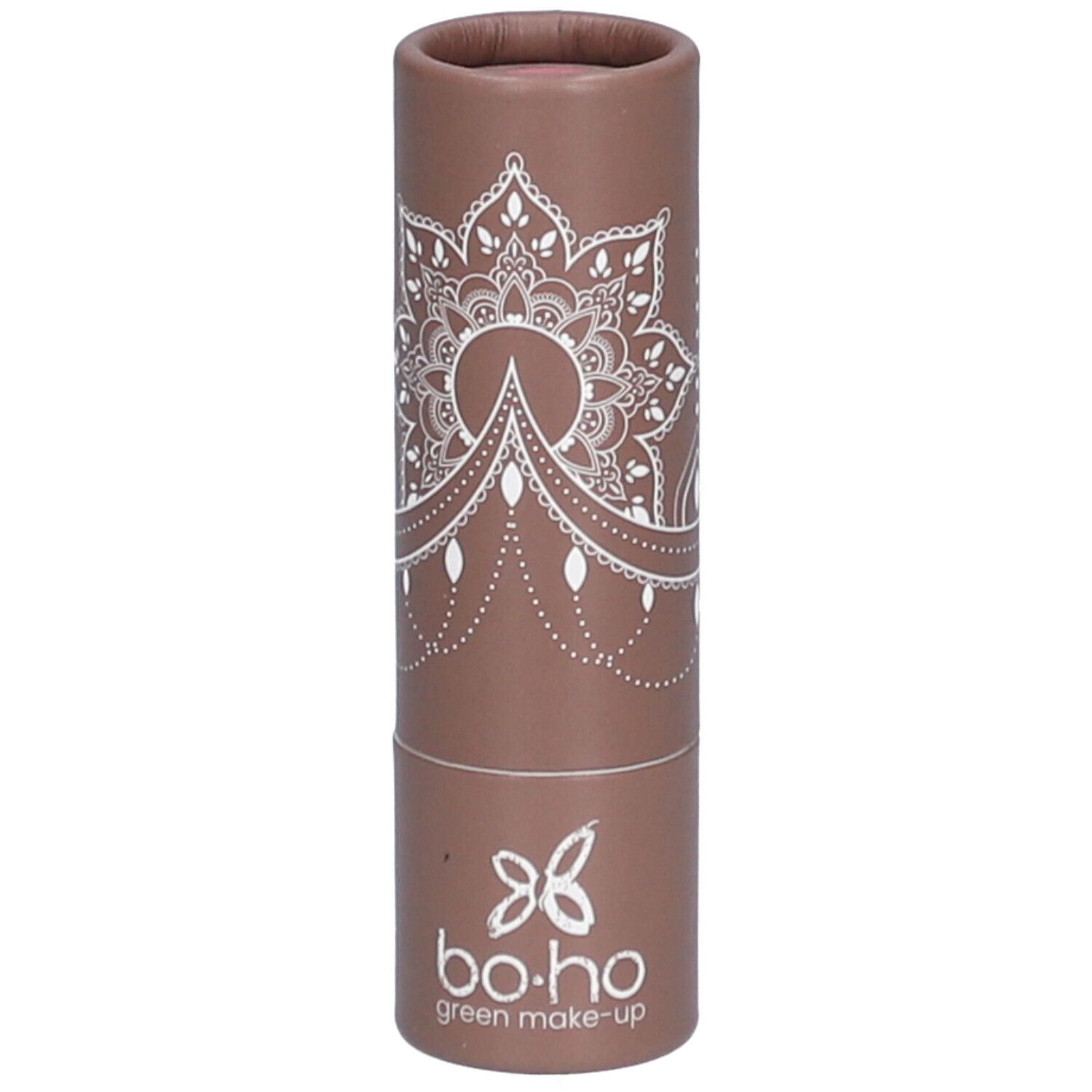 Tube de rouge à lèvres marron avec motif mandala blanc et logo. Marque : bo-ho green make-up.