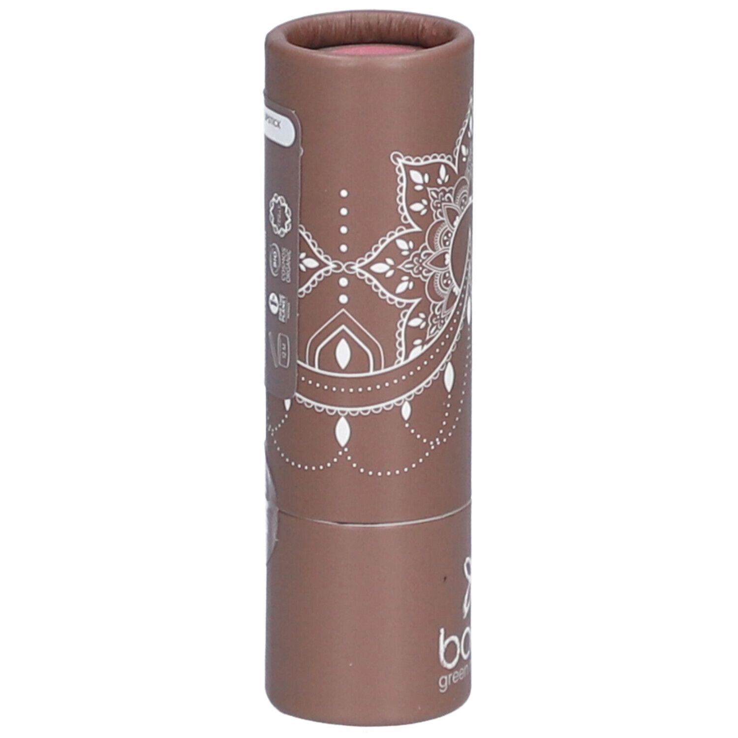 Tube de rouge à lèvres marron avec motif mandala blanc et informations produit. Marque : bo-ho green make-up.