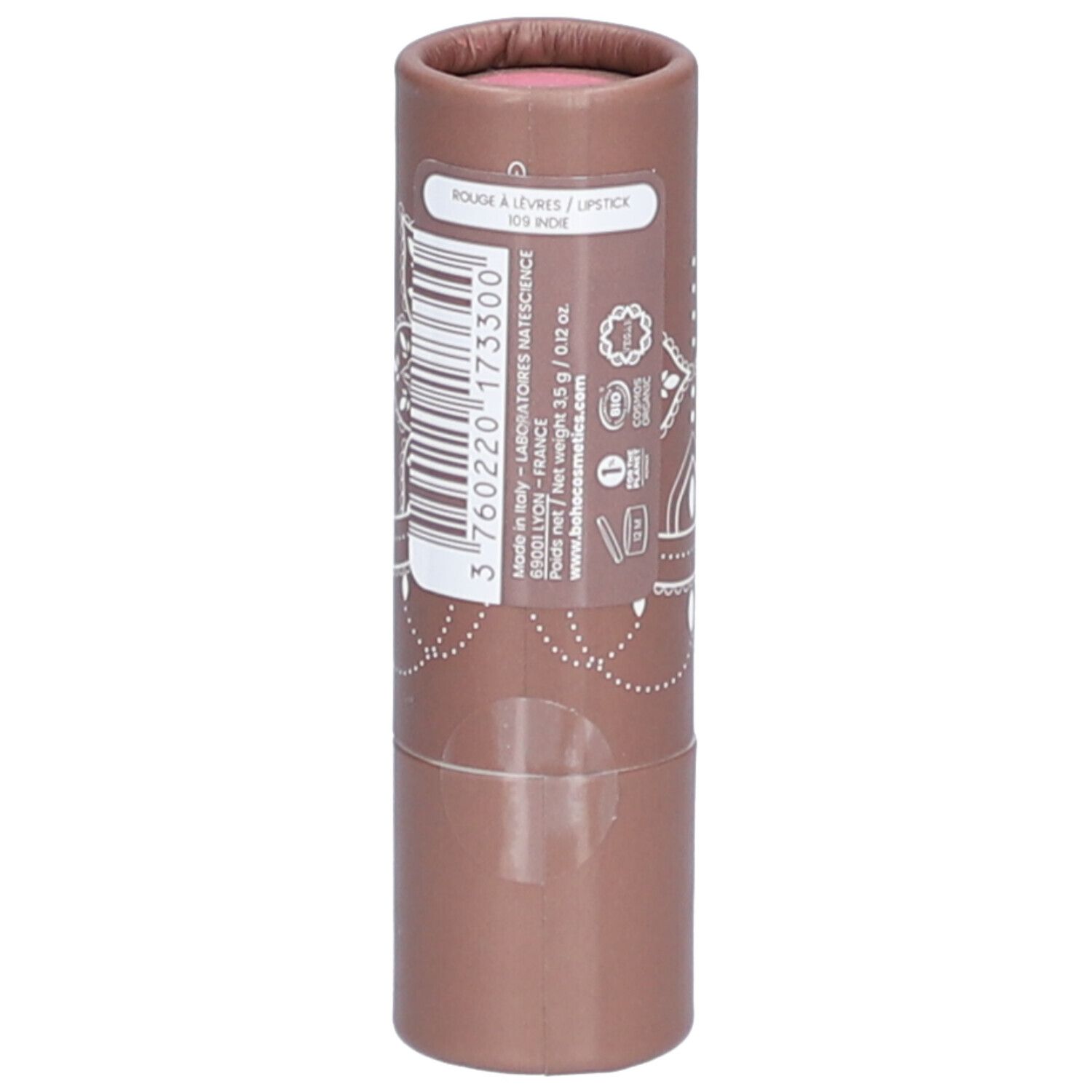 Tube de rouge à lèvres marron avec motif mandala blanc et informations produit. Marque : bo-ho green make-up.