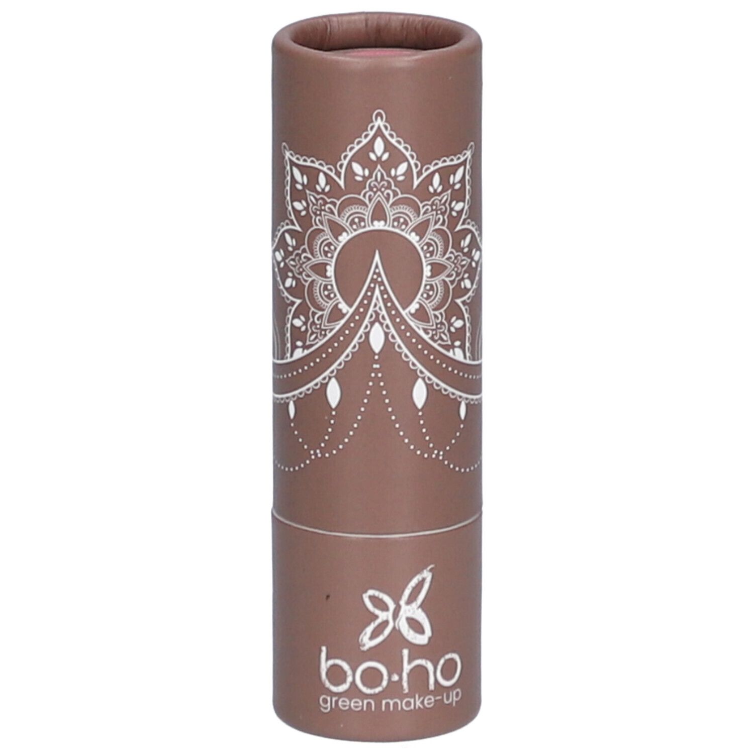 Tube de rouge à lèvres marron avec motif mandala blanc et logo. Marque : bo-ho green make-up.