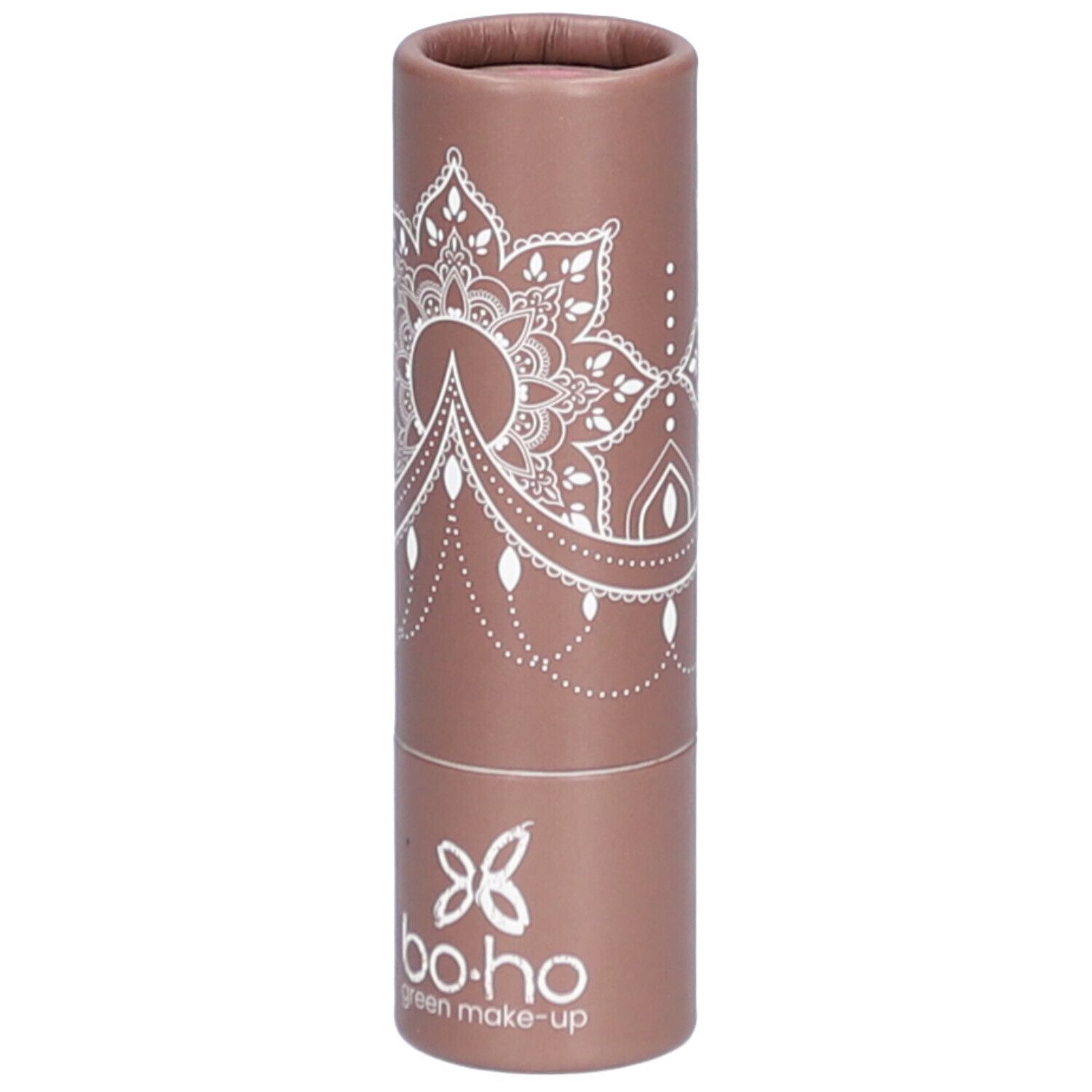 Tube de rouge à lèvres marron avec motif mandala blanc et logo. Marque : bo-ho green make-up.
