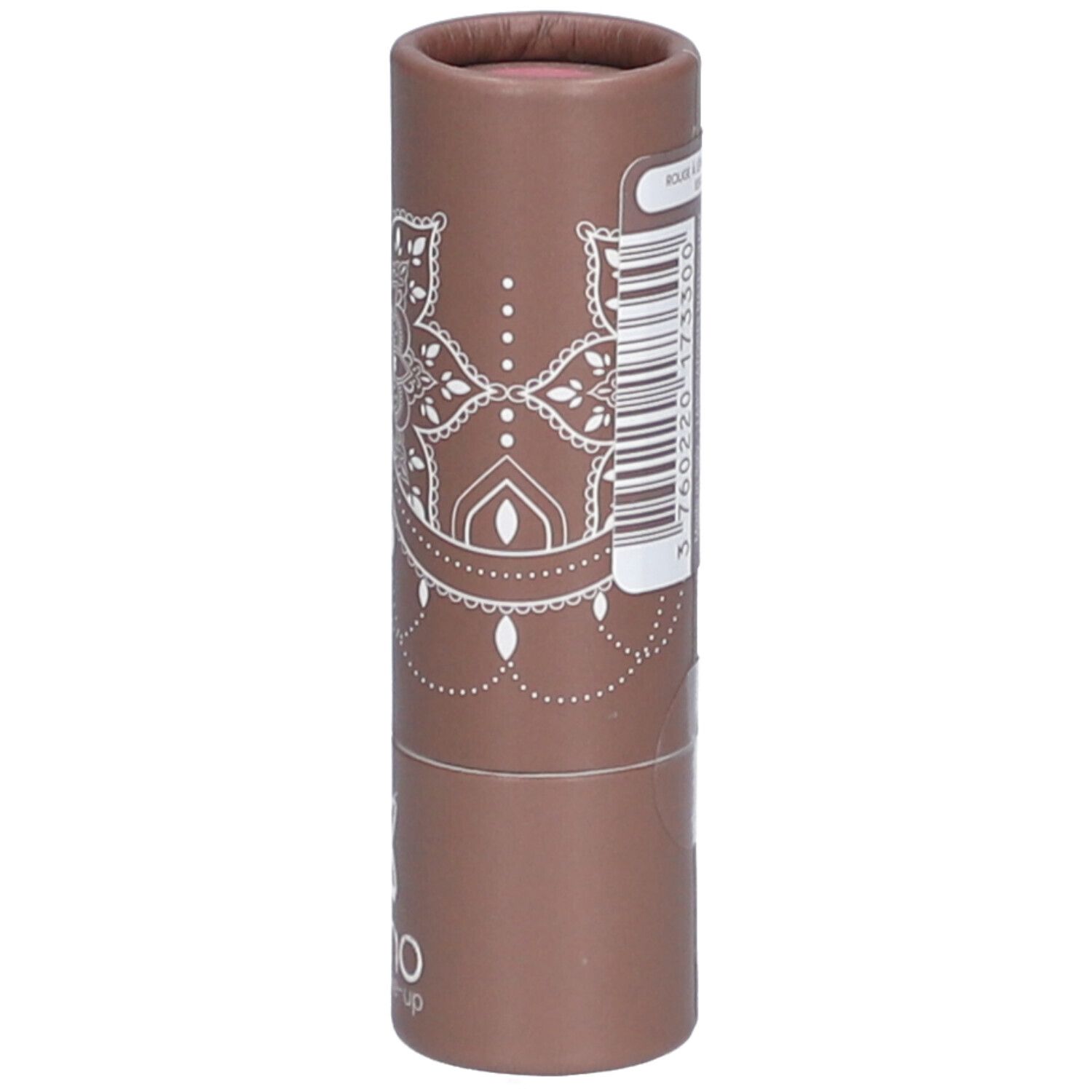 Tube de rouge à lèvres marron avec motif mandala blanc et informations produit. Marque : bo-ho green make-up.