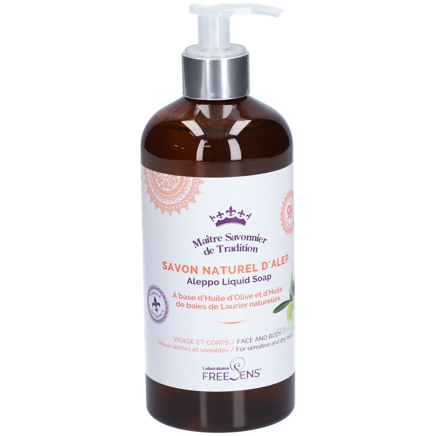 Flacon marron avec pompe. Étiquette avec texte: Savon Naturel d'Alep. Pour visage et corps. Marque: Freesens.