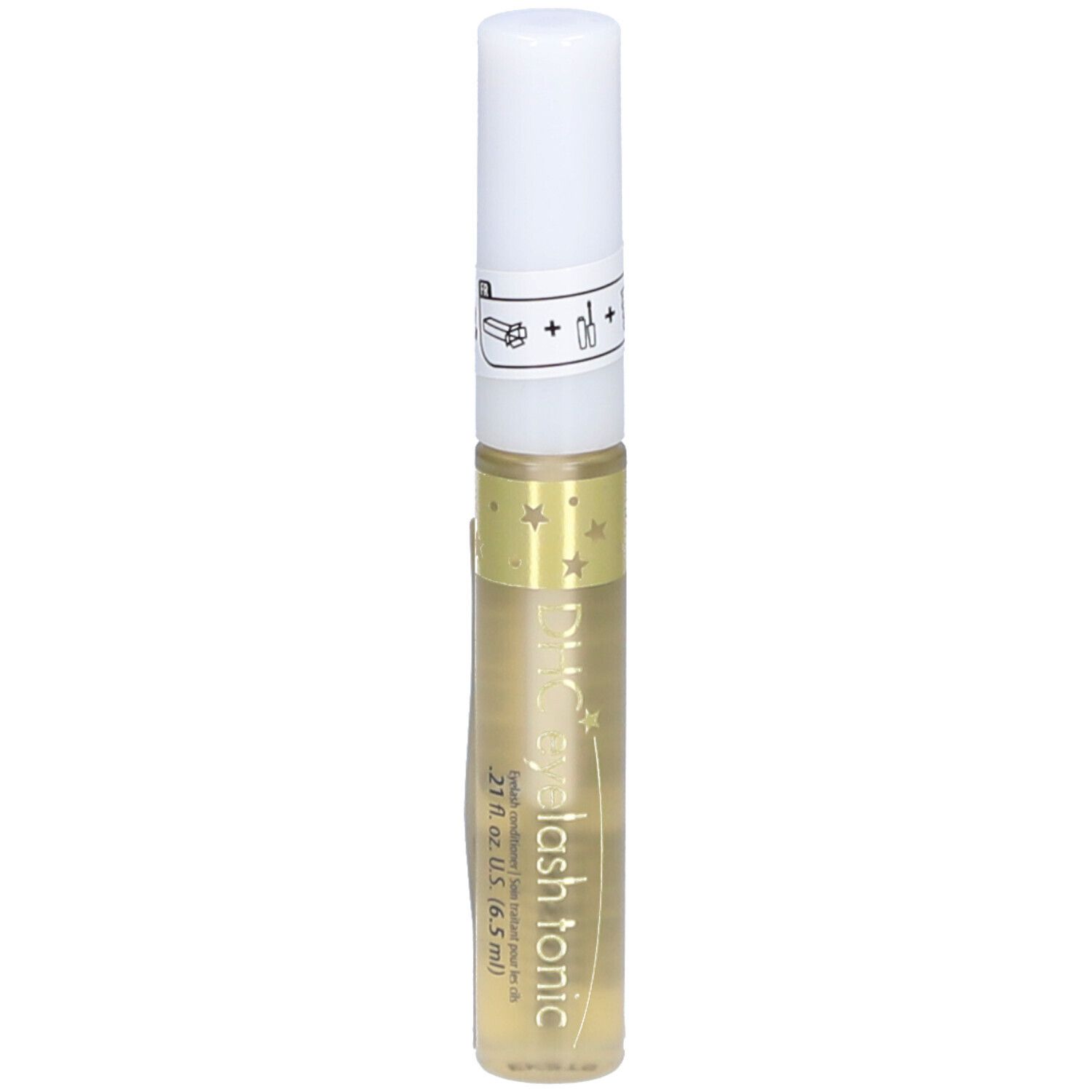 Durchsichtige Flasche mit weißem Deckel. Aufschrift: eyelash tonic. Enthält eine Flüssigkeit. Mit Sternen verziert.