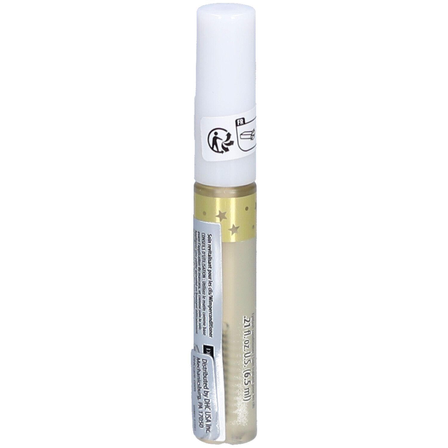 Durchsichtige Flasche mit weißem Deckel. Aufschrift: eyelash tonic. Enthält eine Flüssigkeit. Mit Sternen verziert.