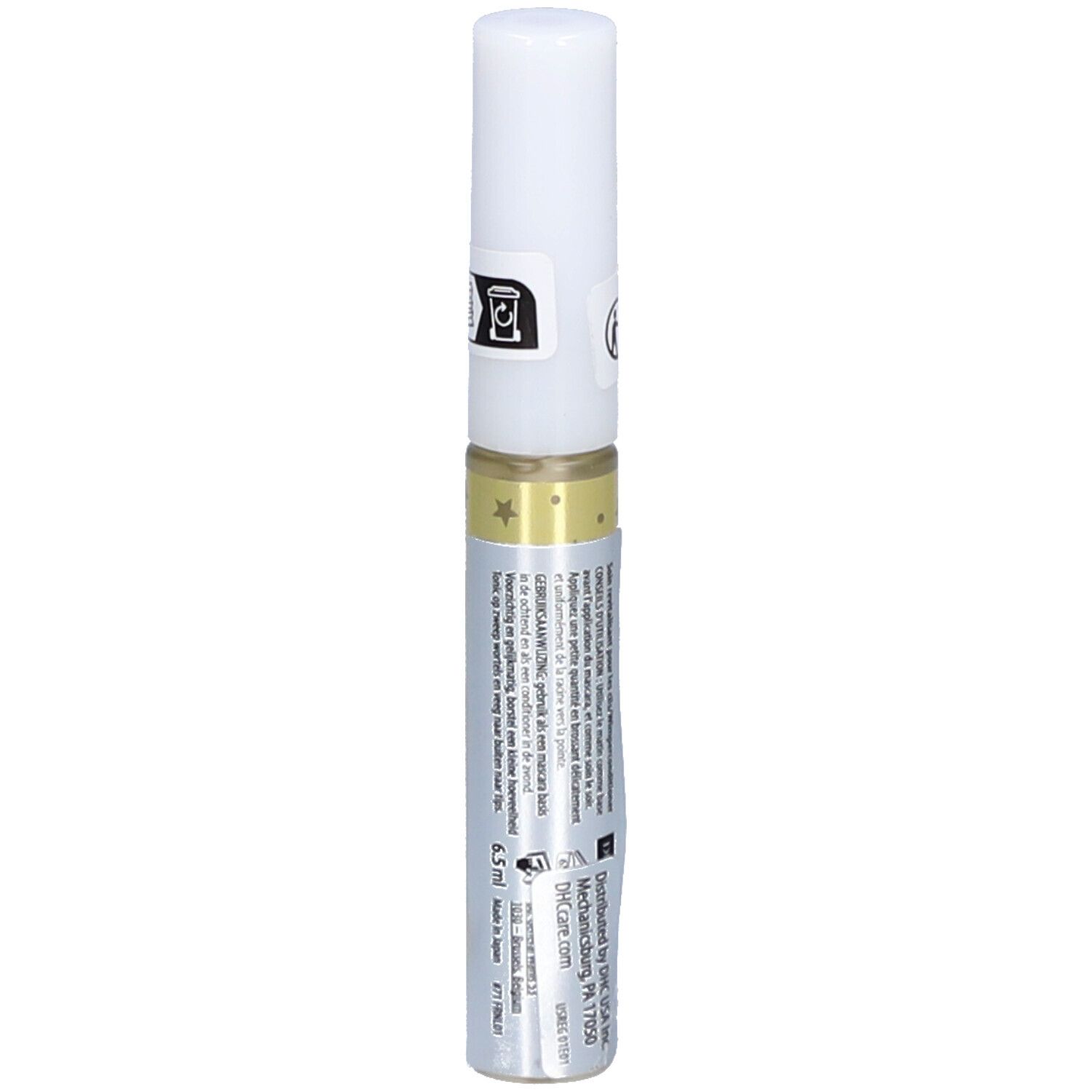 Durchsichtige Flasche mit weißem Deckel. Aufschrift: eyelash tonic. Enthält eine Flüssigkeit. Mit Sternen verziert.