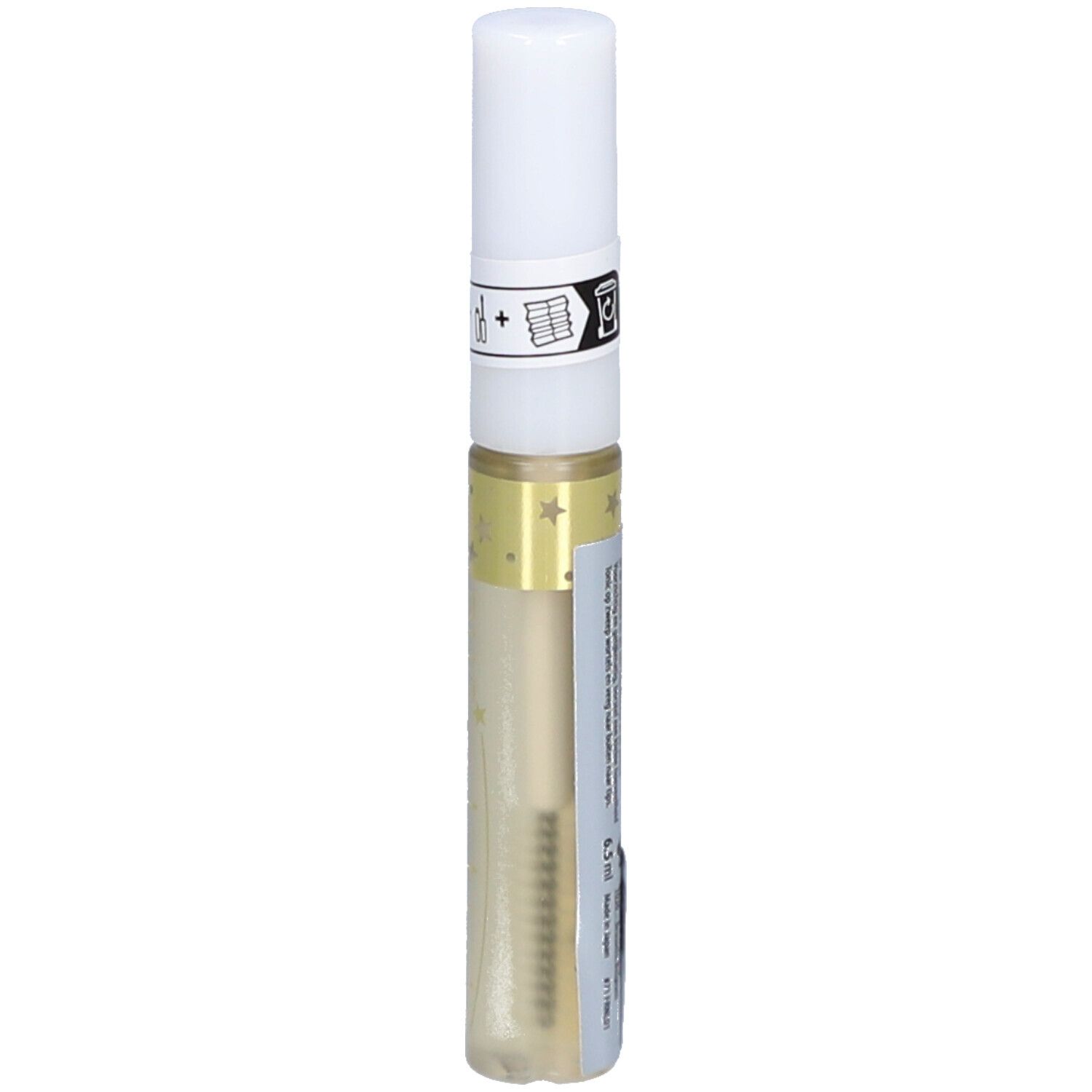 Durchsichtige Flasche mit weißem Deckel. Aufschrift: eyelash tonic. Enthält eine Flüssigkeit. Mit Sternen verziert.