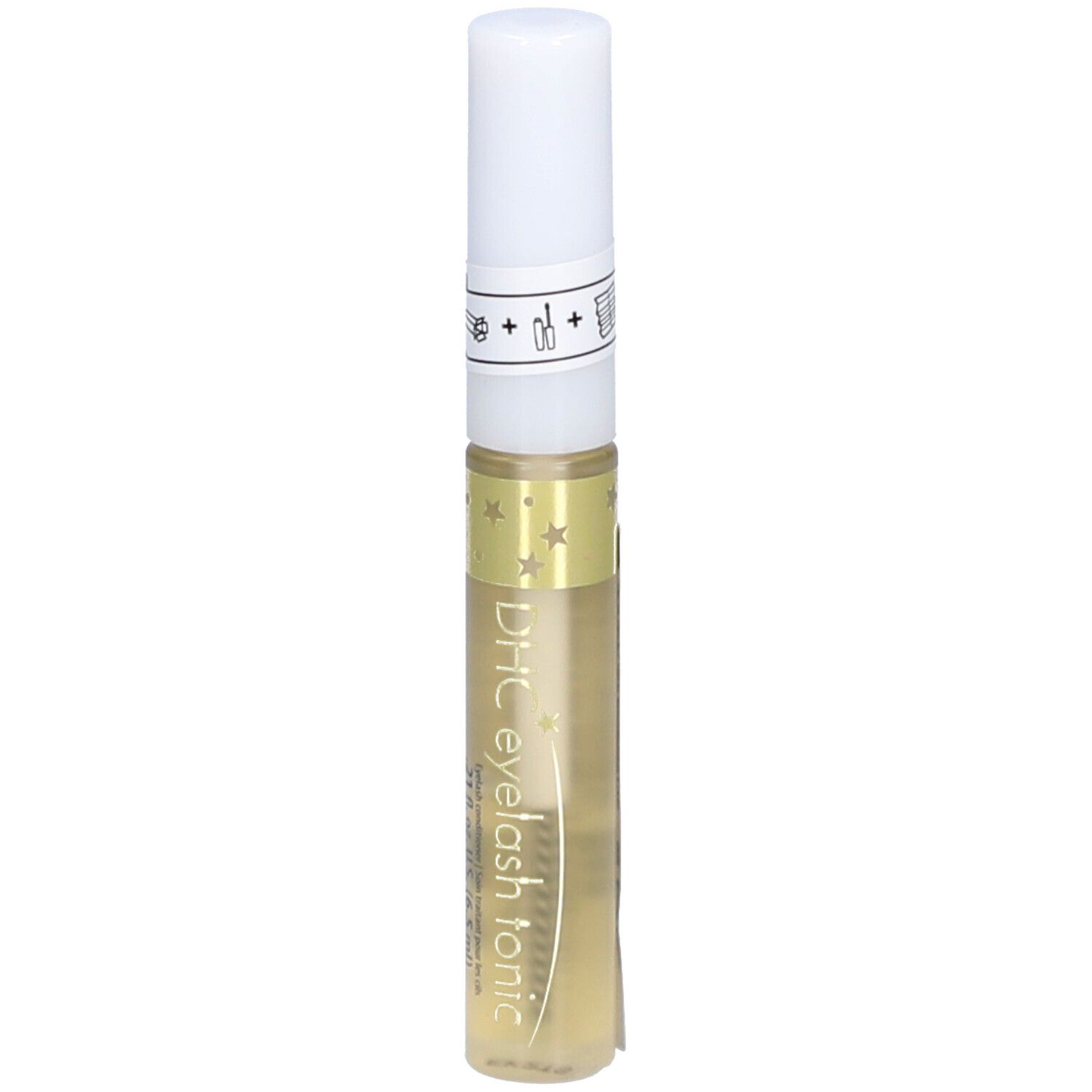 Durchsichtige Flasche mit weißem Deckel. Aufschrift: DHC eyelash tonic. Enthält eine Flüssigkeit. Mit Sternen verziert.