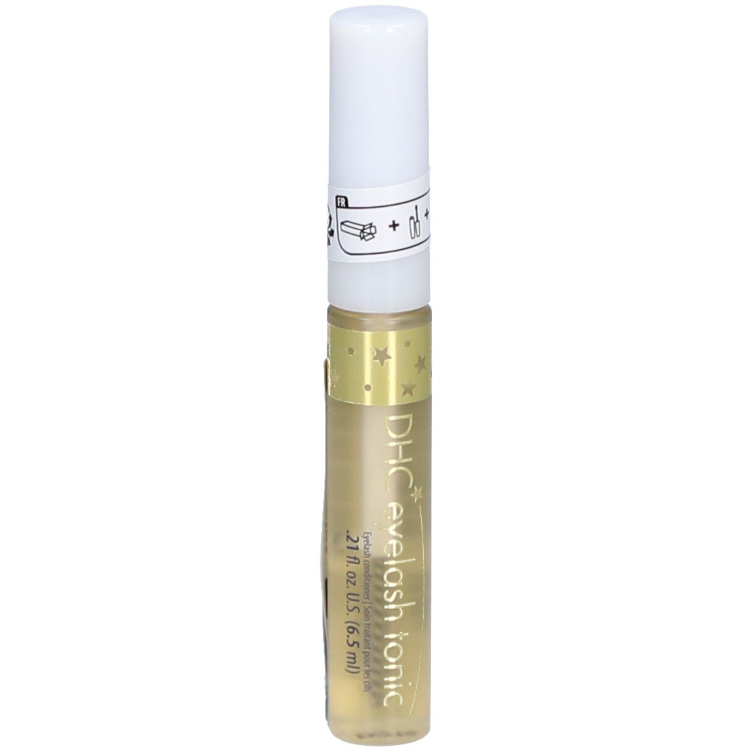 Durchsichtige Flasche mit weißem Deckel. Aufschrift: DHC eyelash tonic. Enthält eine Flüssigkeit. Mit Sternen verziert.