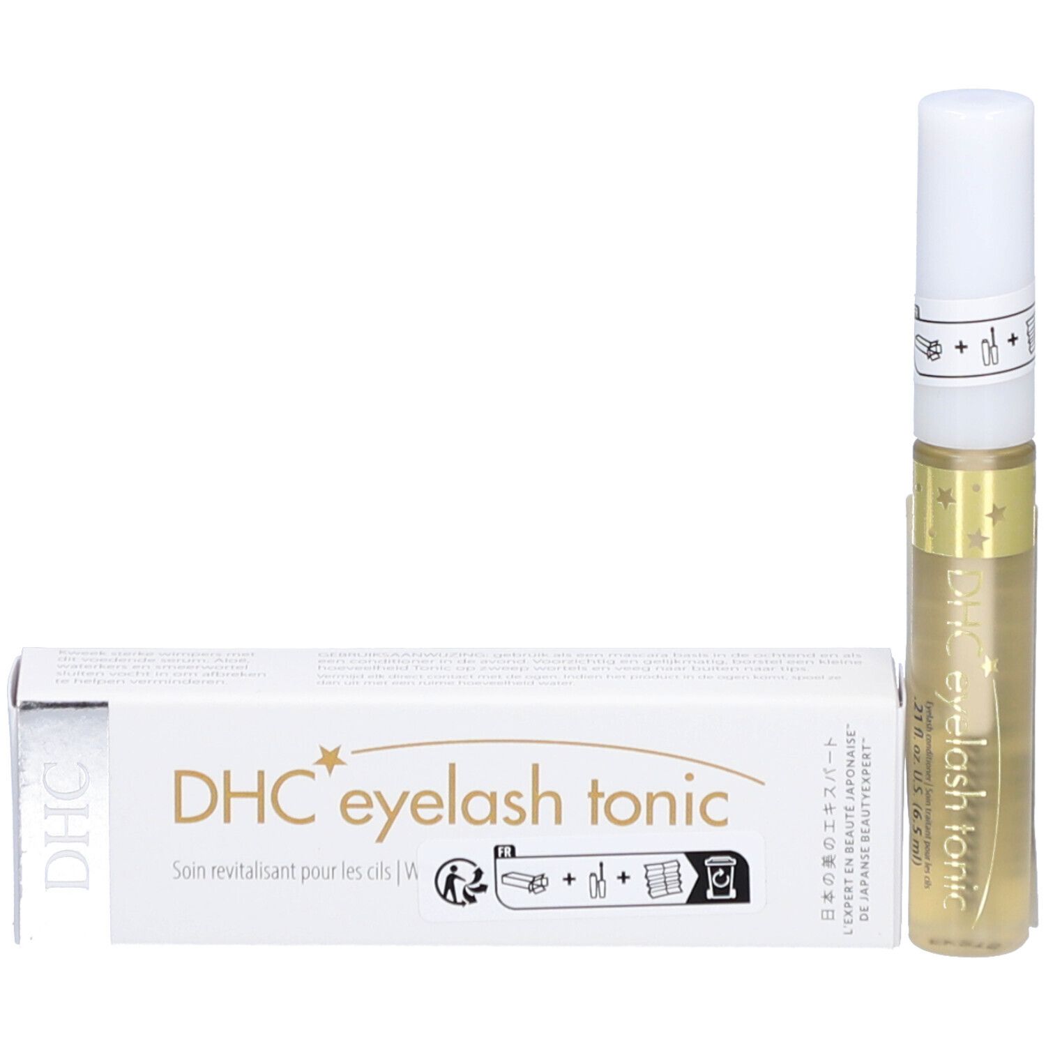 Produkt und Verpackung. Aufschrift: DHC eyelash tonic. Enthält eine Flüssigkeit. Mit Sternen verziert. Mit Gebrauchsanweisung.