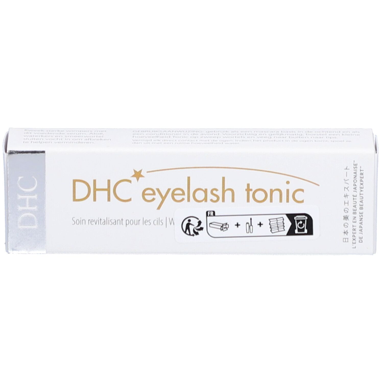Verpackung. Aufschrift: DHC eyelash tonic. Mit Gebrauchsanweisung. Mit japanischem Text.