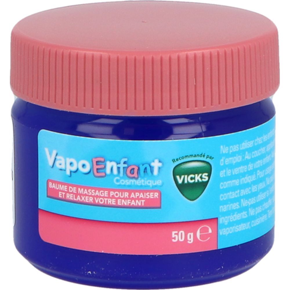 Pot bleu, couvercle rose. Inscription: VapoEnfant, Baume de massage. Recommandé par Vicks. 50g.