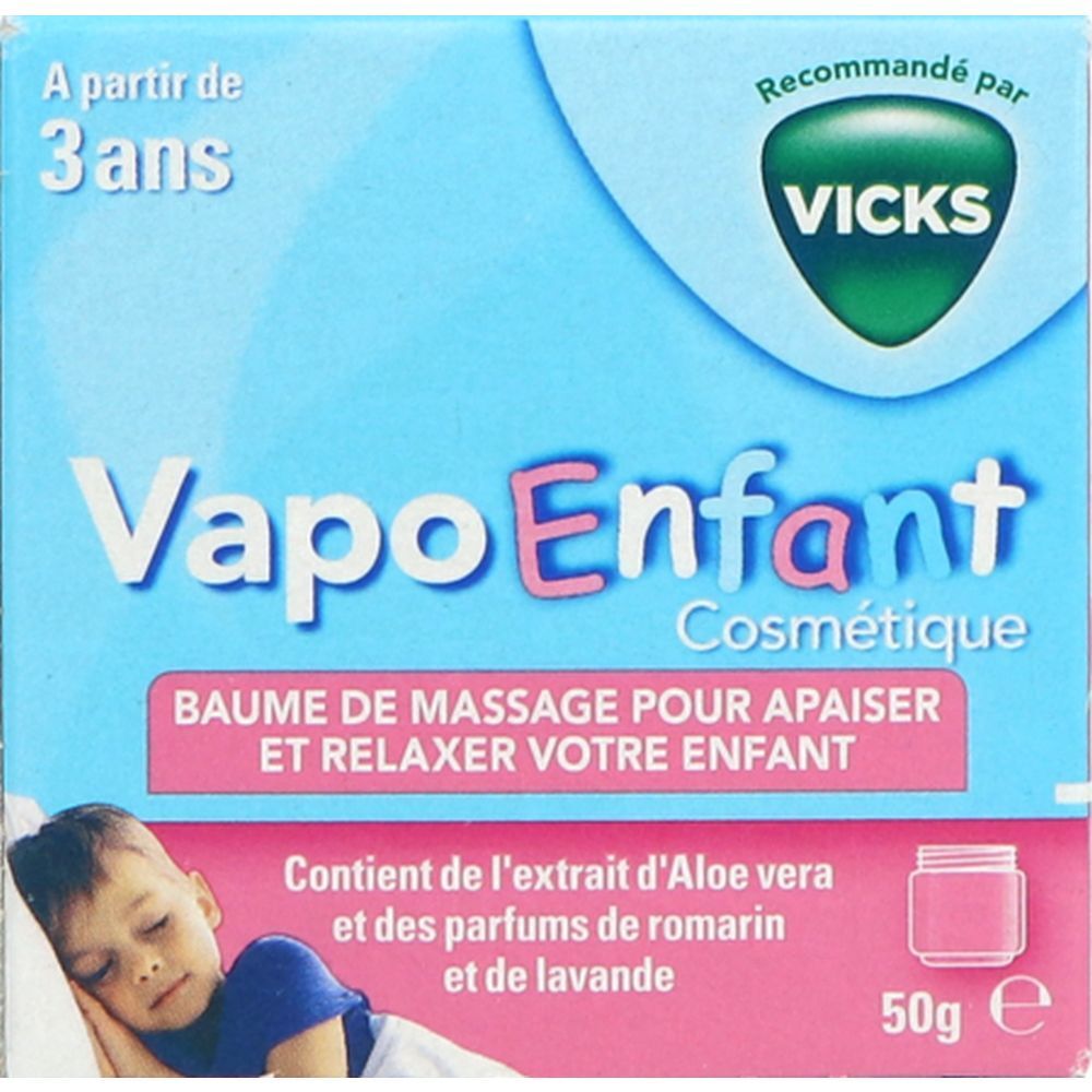 Boîte bleu clair. Inscription: VapoEnfant, Baume de massage. Recommandé par Vicks. 50g. Enfant dort.