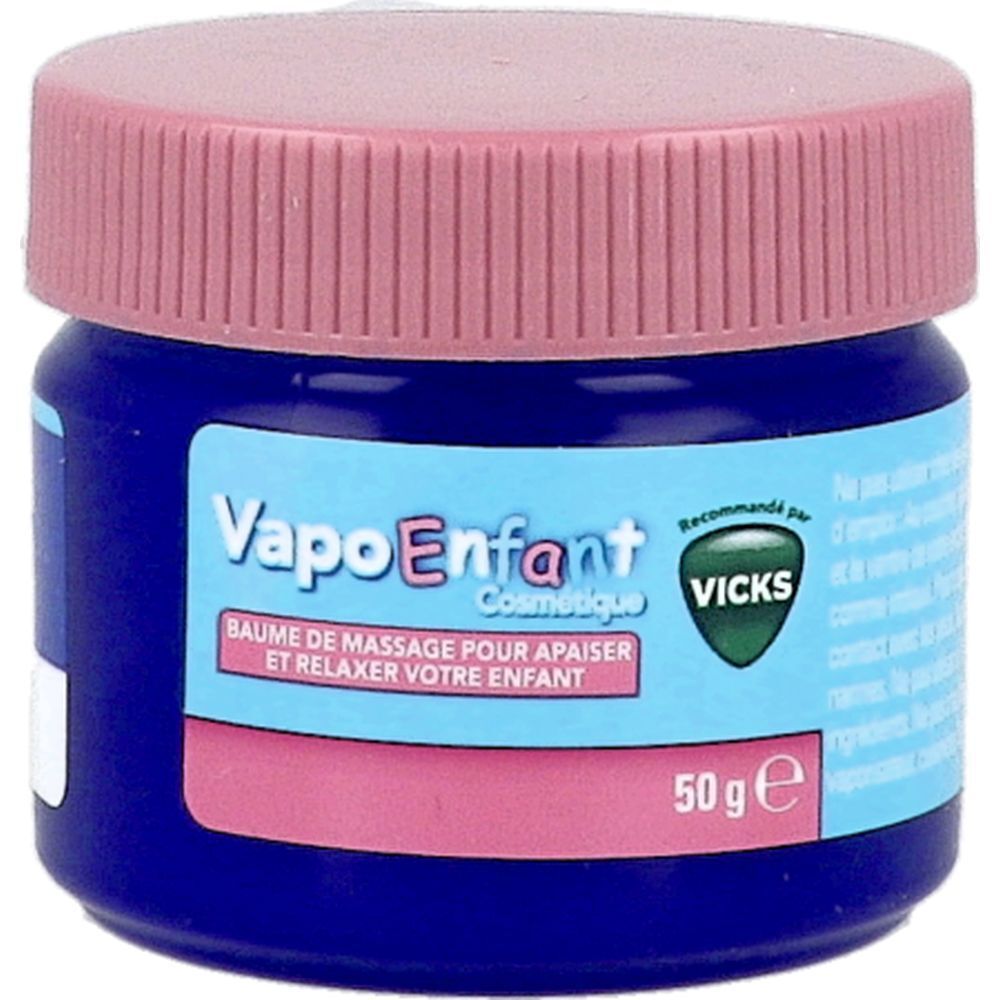 Pot bleu, couvercle rose. Inscription: VapoEnfant, Baume de massage. Recommandé par Vicks. 50g.