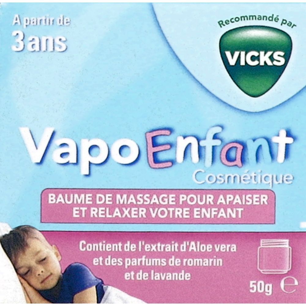 Boîte bleu clair. Inscription: VapoEnfant, Baume de massage. Recommandé par Vicks. 50g. Enfant dort.
