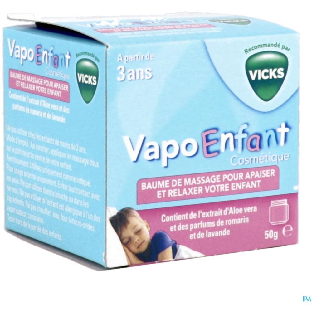 Boîte bleu clair. Inscription: VapoEnfant, Baume de massage. Recommandé par Vicks. 50g. Enfant dort.