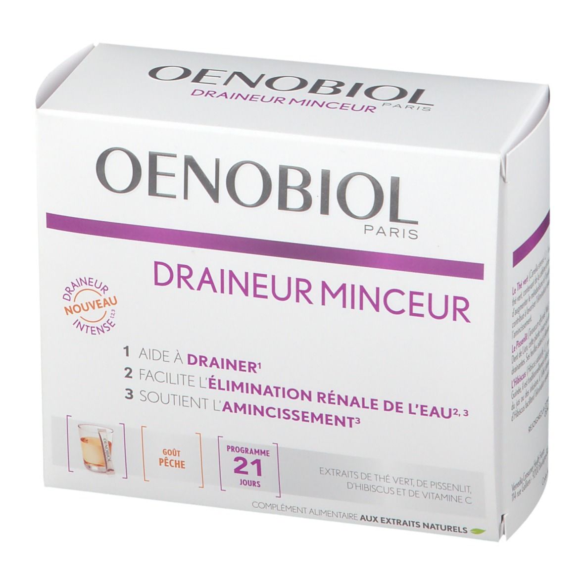 Boîte OENOBIOL Draineur Minceur Pêche. Blanche, accents violets. Inscription: Draineur Minceur, programme 21 jours, goût pêche. Illustration boisson.
