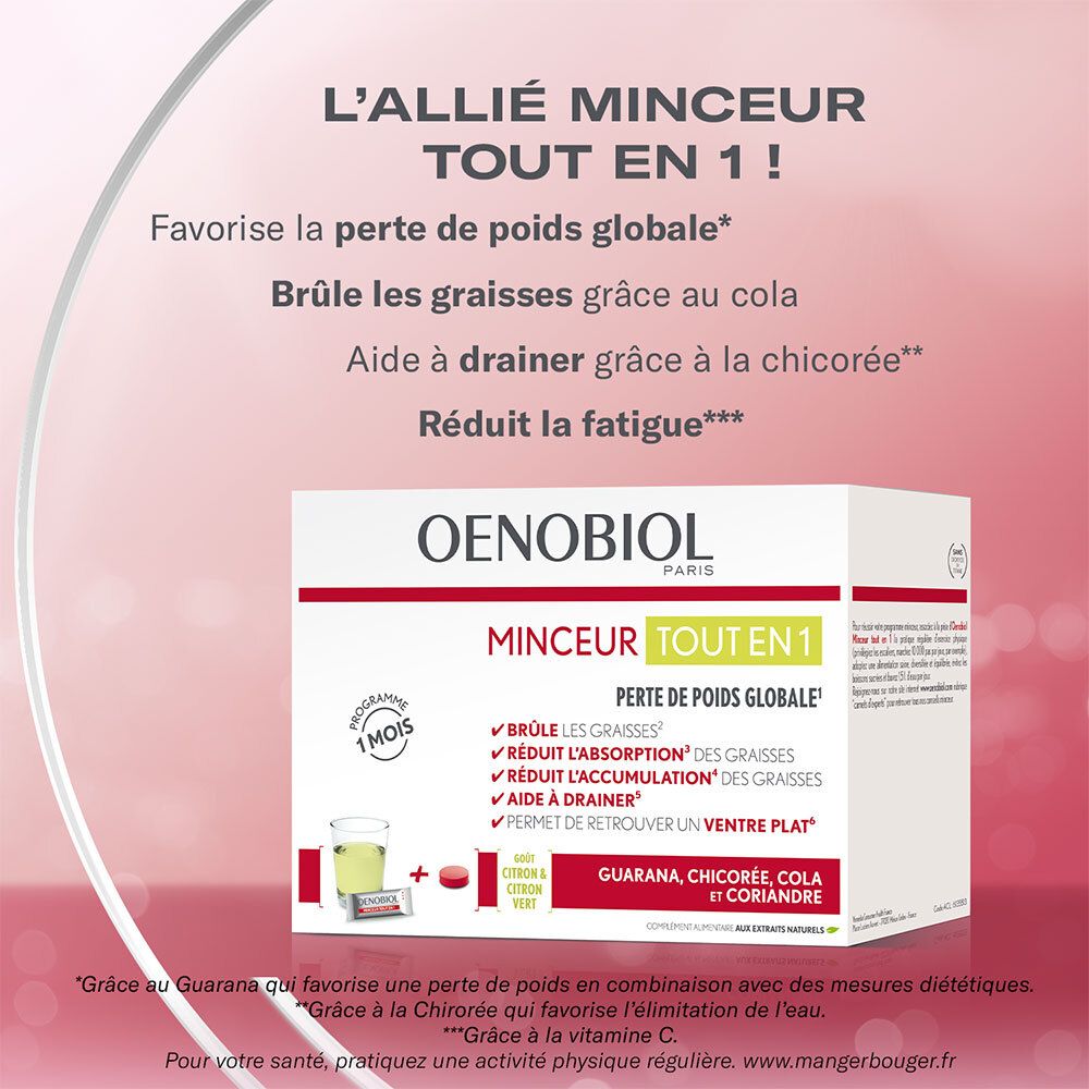 Publicité Oenobiol Minceur Tout En 1. Emballage du produit en arrière-plan. Texte: 'L'allié minceur tout en 1 !' et avantages.