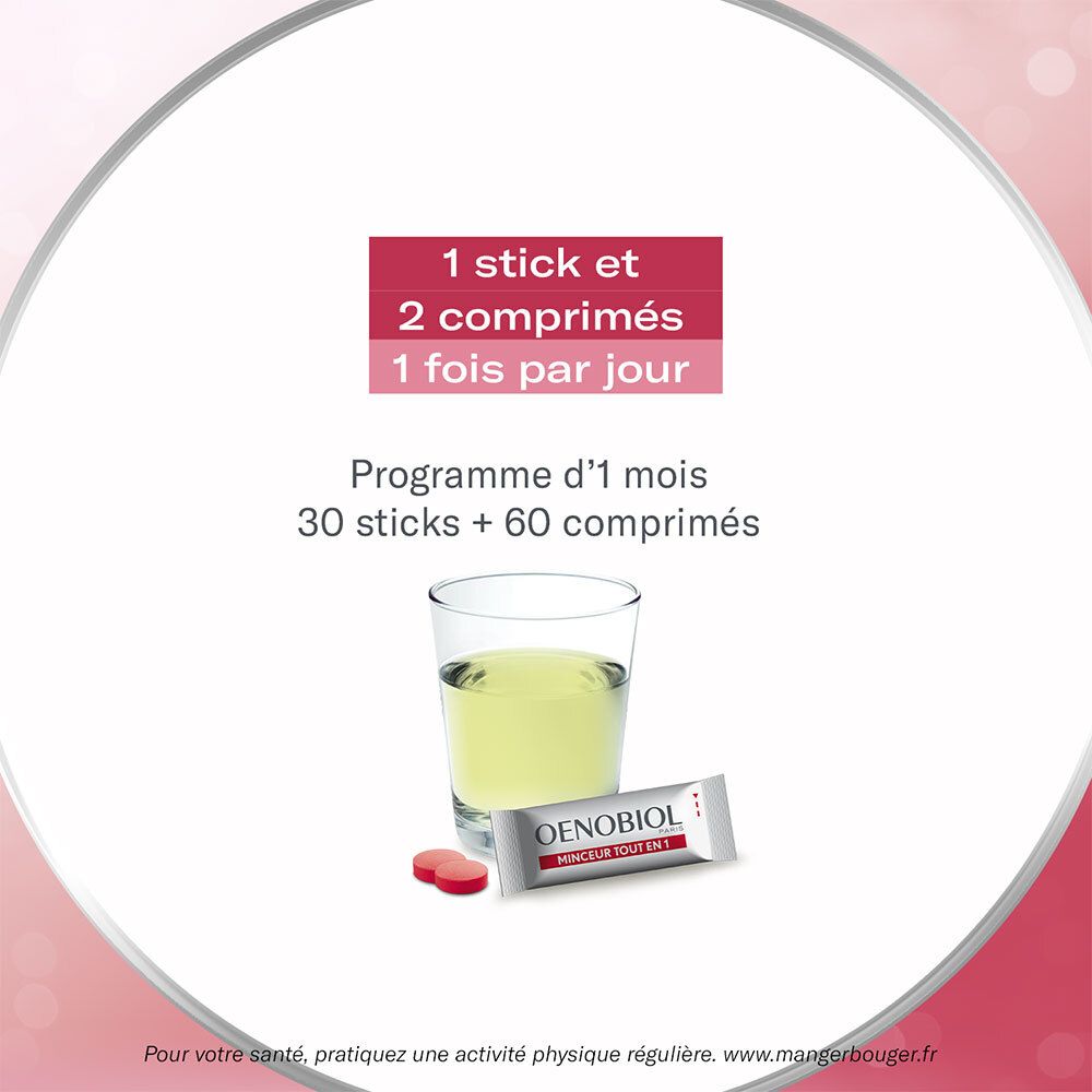 Utilisation d'Oenobiol Minceur Tout En 1. 1 stick et 2 comprimés par jour. 30 sticks + 60 comprimés pour 1 mois.