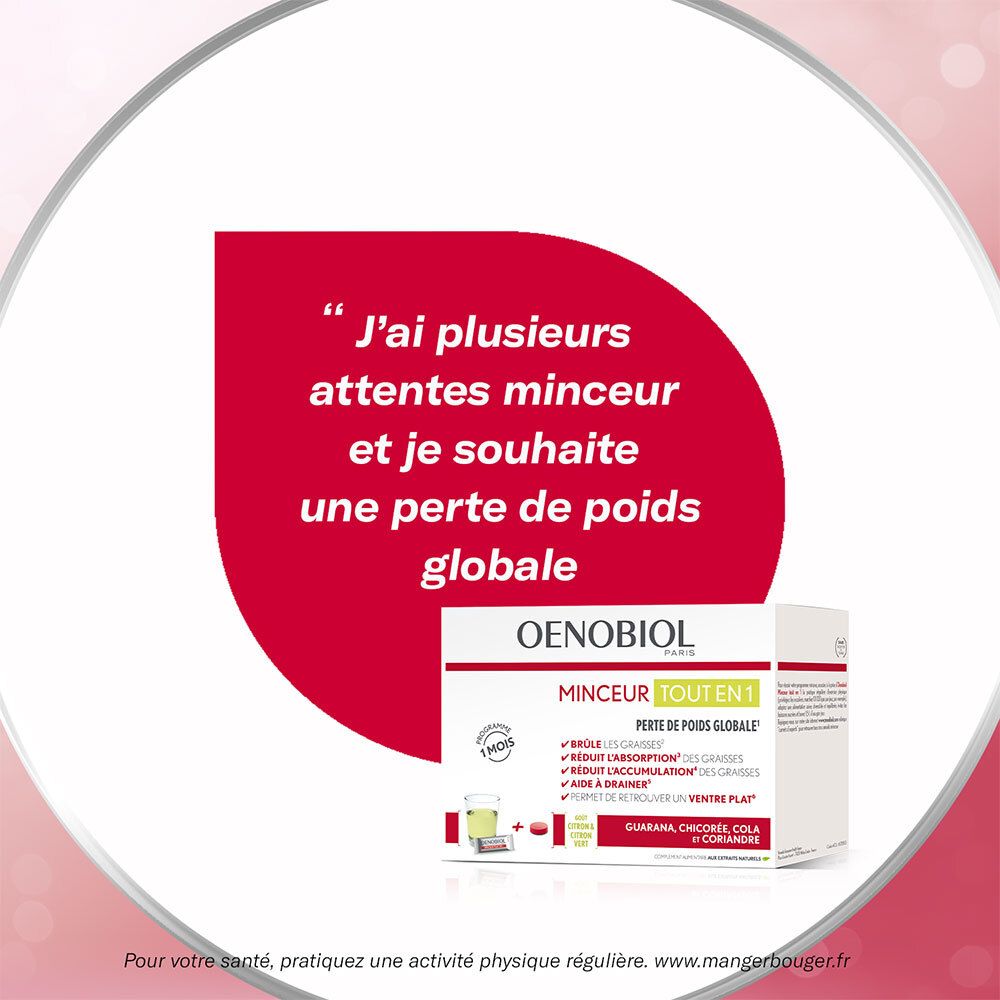 Boîte Oenobiol Minceur Tout En 1. Texte: 'J'ai plusieurs attentes minceur et je souhaite une perte de poids globale'.