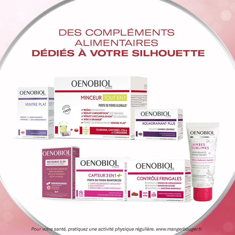 Divers produits Oenobiol. Plusieurs emballages sont présentés, dont Minceur Tout En 1 et d'autres.