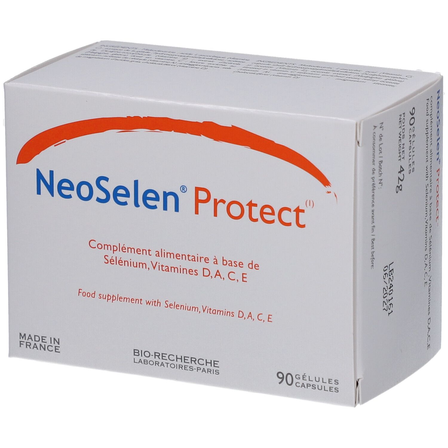 Boîte blanche NeoSelen Protect. Contient 90 gélules. Inscription: Complément alimentaire à base de Sélénium, Vitamines D, A, C, E.