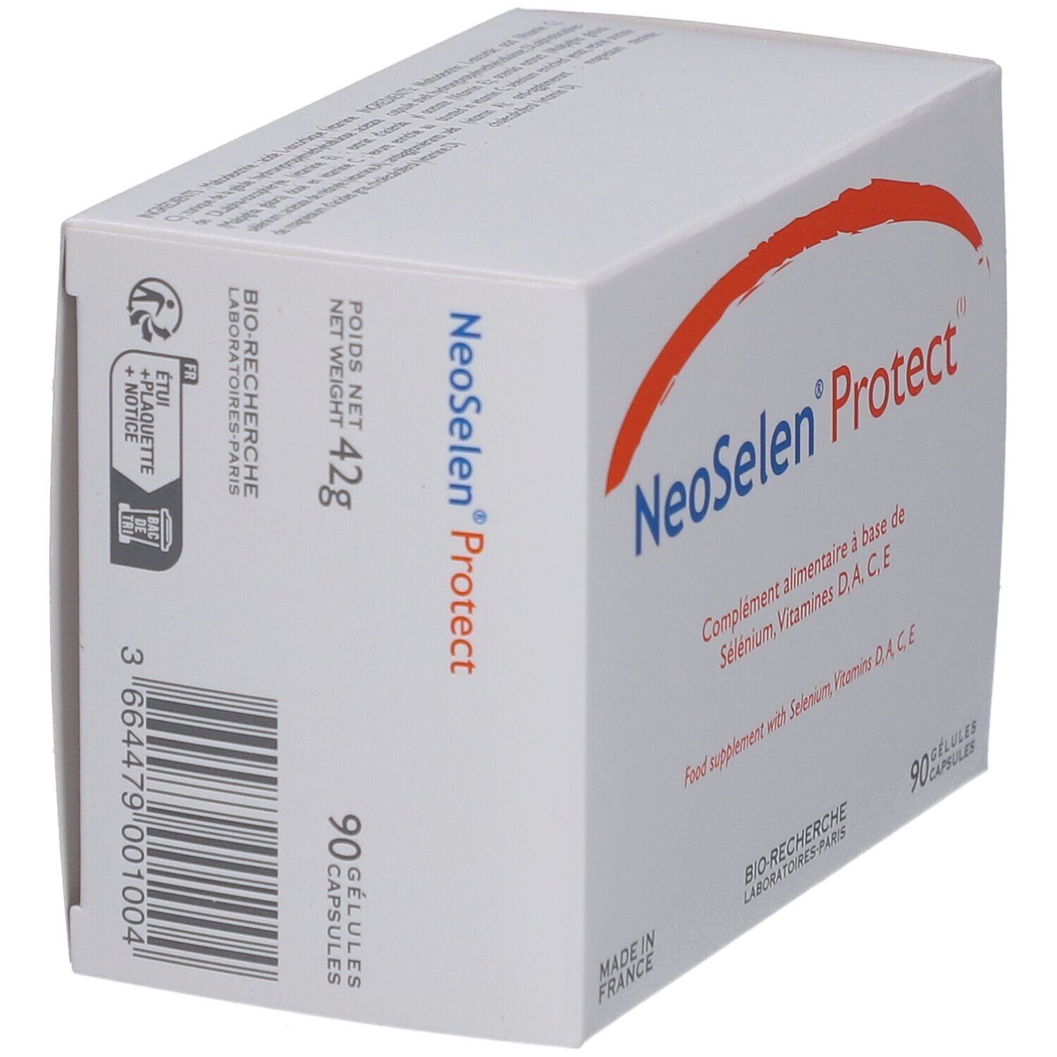 Boîte blanche NeoSelen Protect. Contient 90 gélules. Inscription: Complément alimentaire à base de Sélénium, Vitamines D, A, C, E.