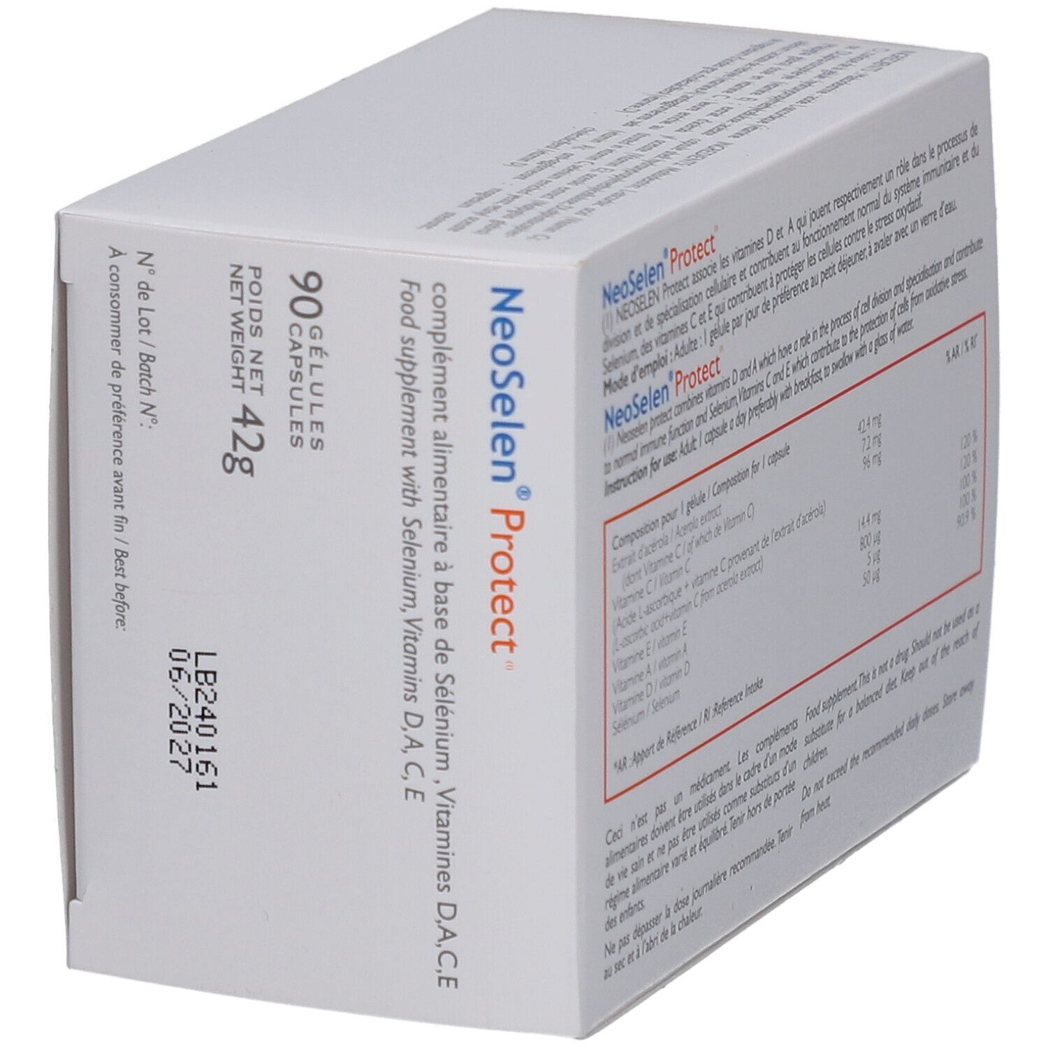 Boîte blanche NeoSelen Protect. Contient 90 gélules. Inscription: Complément alimentaire à base de Sélénium, Vitamines D, A, C, E.