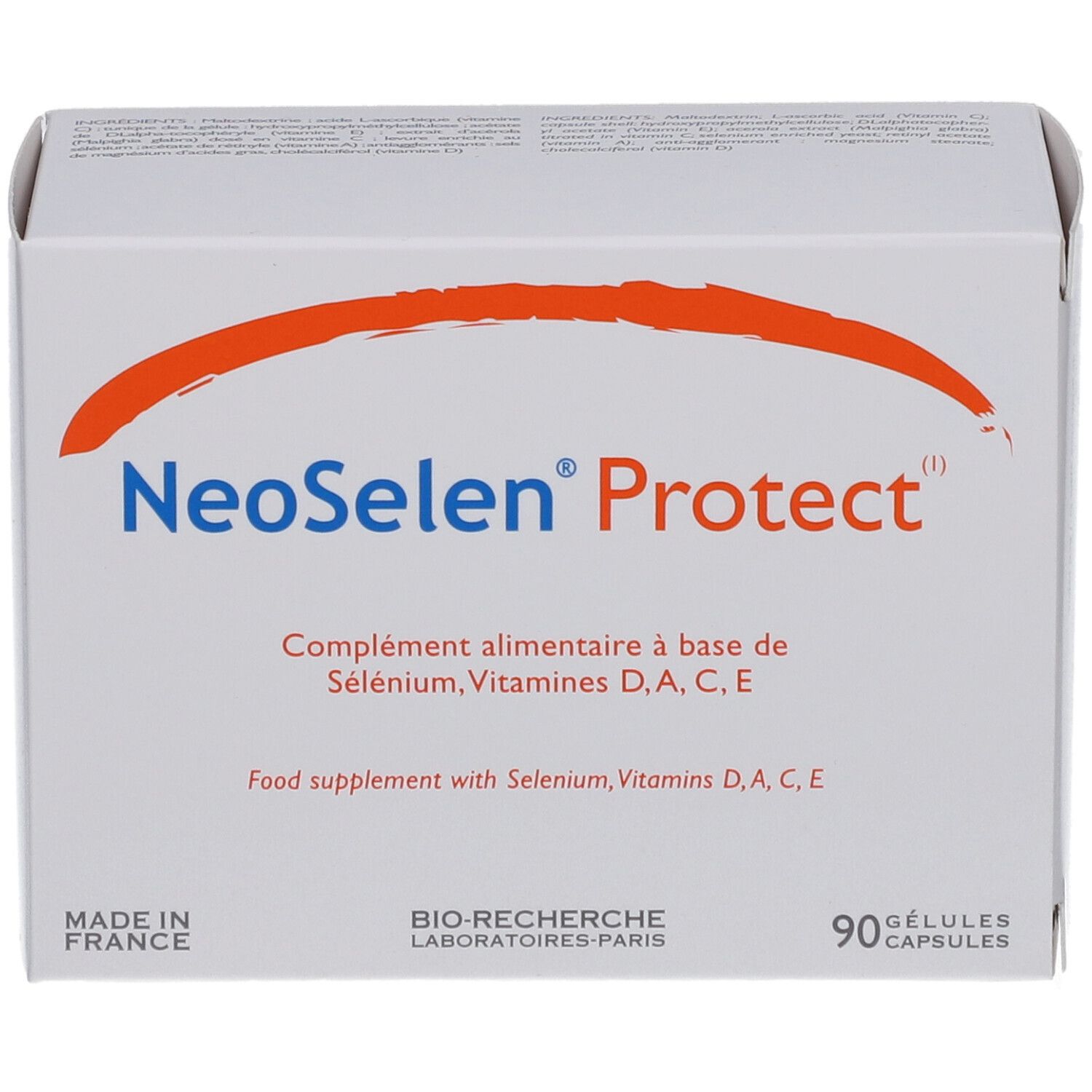 Boîte blanche NeoSelen Protect. Contient 90 gélules. Inscription: Complément alimentaire à base de Sélénium, Vitamines D, A, C, E.