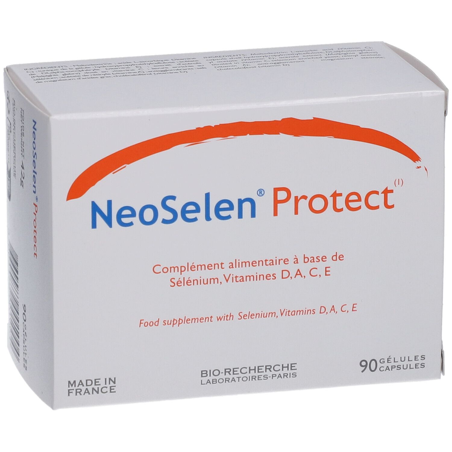 Boîte blanche NeoSelen Protect. Contient 90 gélules. Inscription: Complément alimentaire à base de Sélénium, Vitamines D, A, C, E.