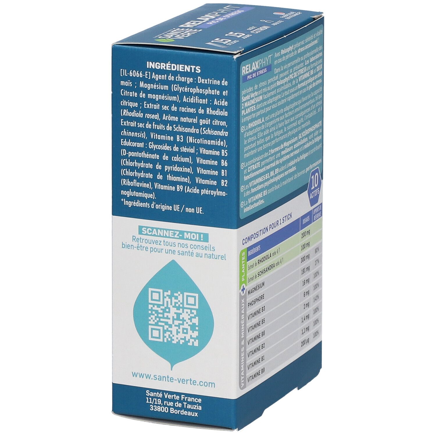 Vue latérale de la boîte SANTE VERTE Relaxphyt Pic de stress. Ingrédients et QR code à scanner. Origine UE/non UE.