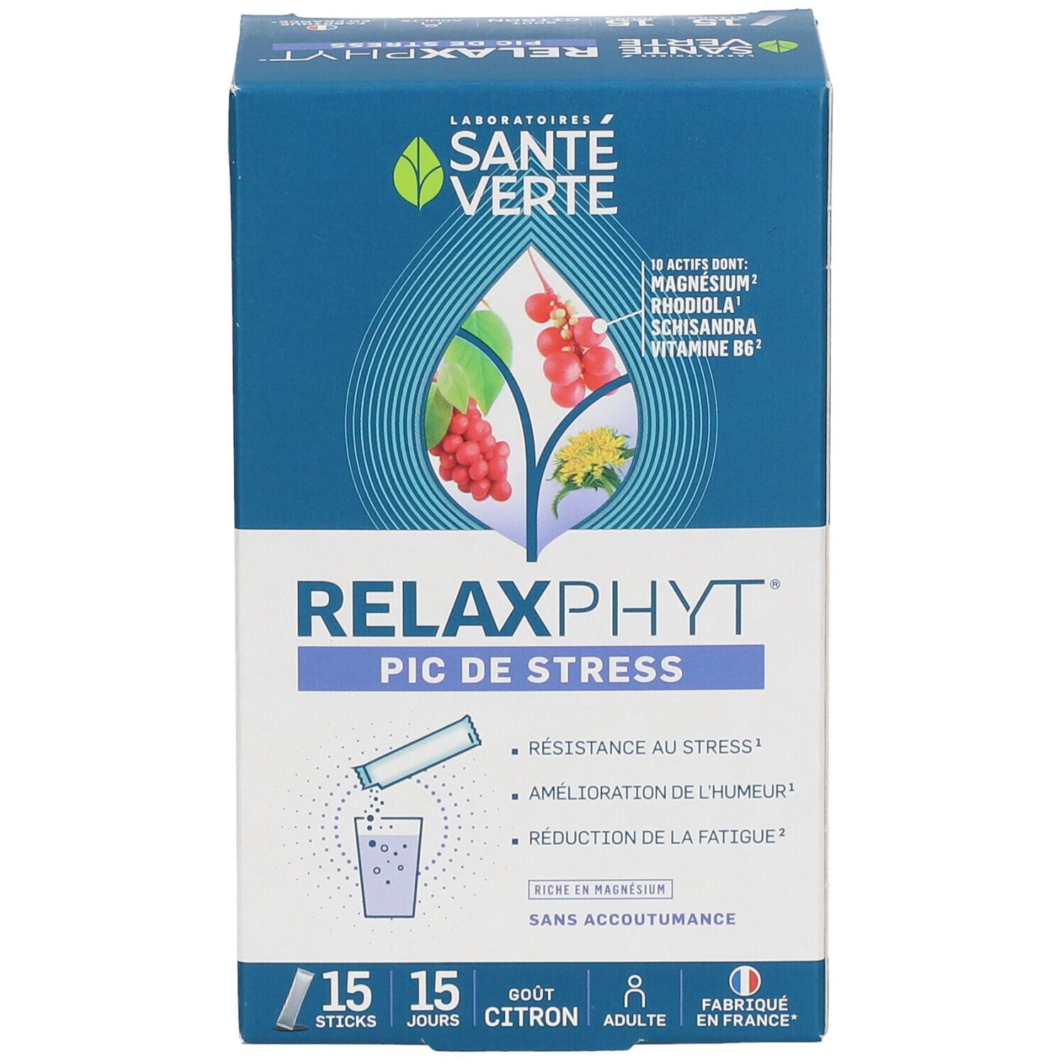 Face avant de la boîte SANTE VERTE Relaxphyt Pic de stress. Contient 15 sticks. Inscription: 10 actifs, goût citron, pour adultes. 
